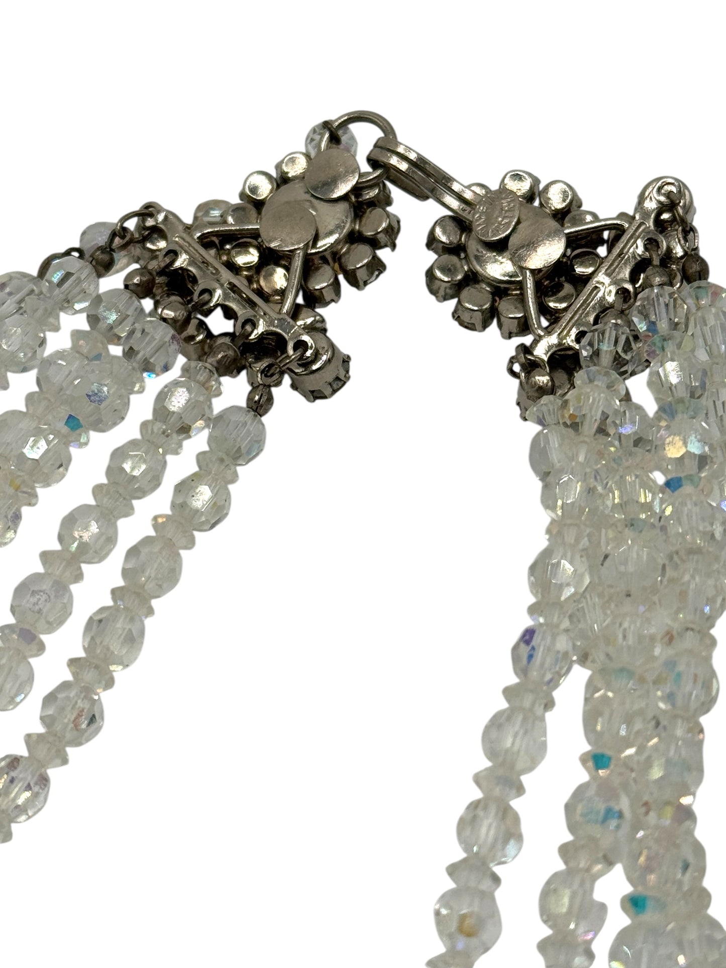 Vintage five-strand aurora borealis crystal necklace – signed made in Austria, dazzling mid-century statement jewelry