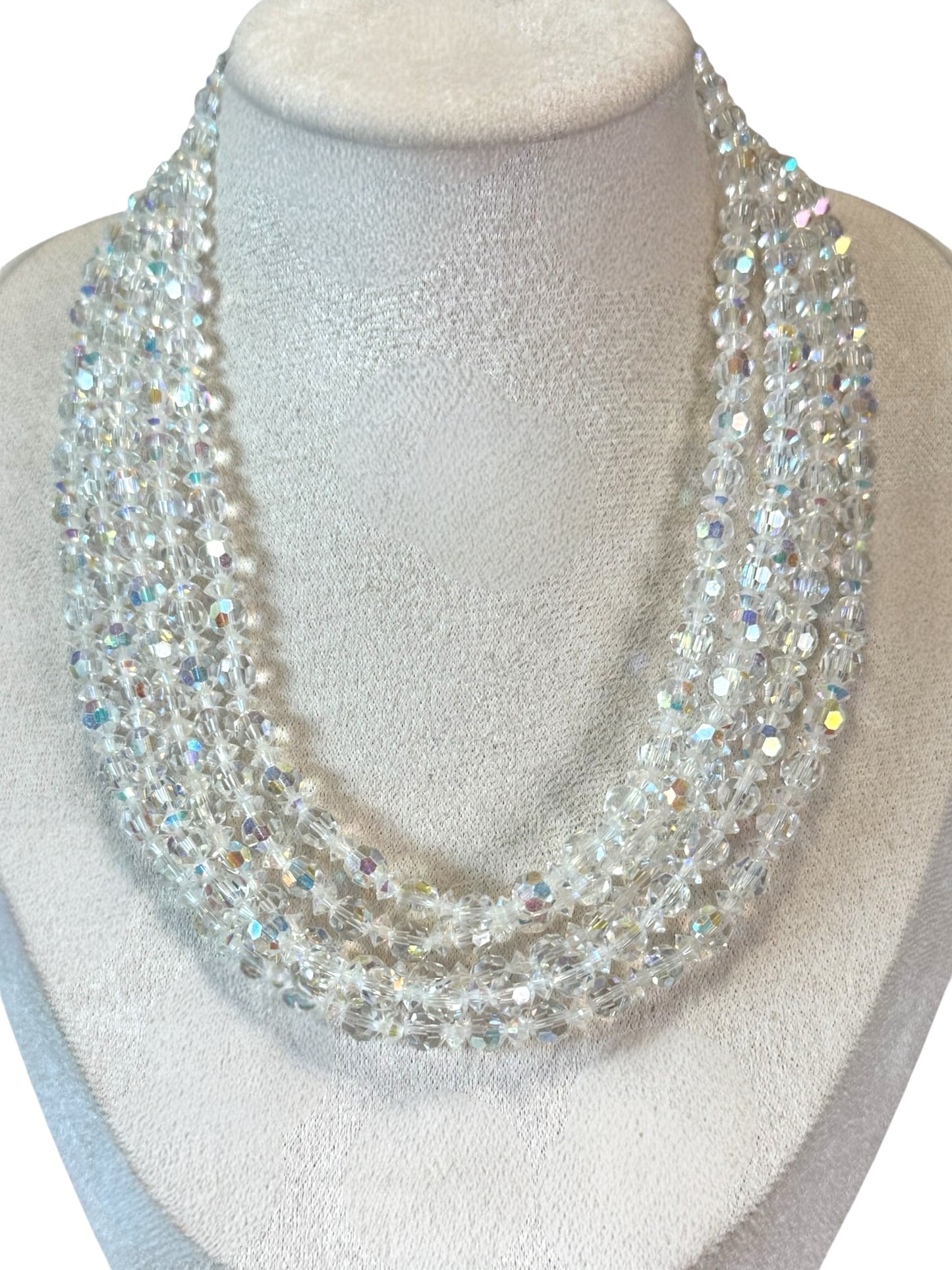 Vintage five-strand aurora borealis crystal necklace – signed made in Austria, dazzling mid-century statement jewelry