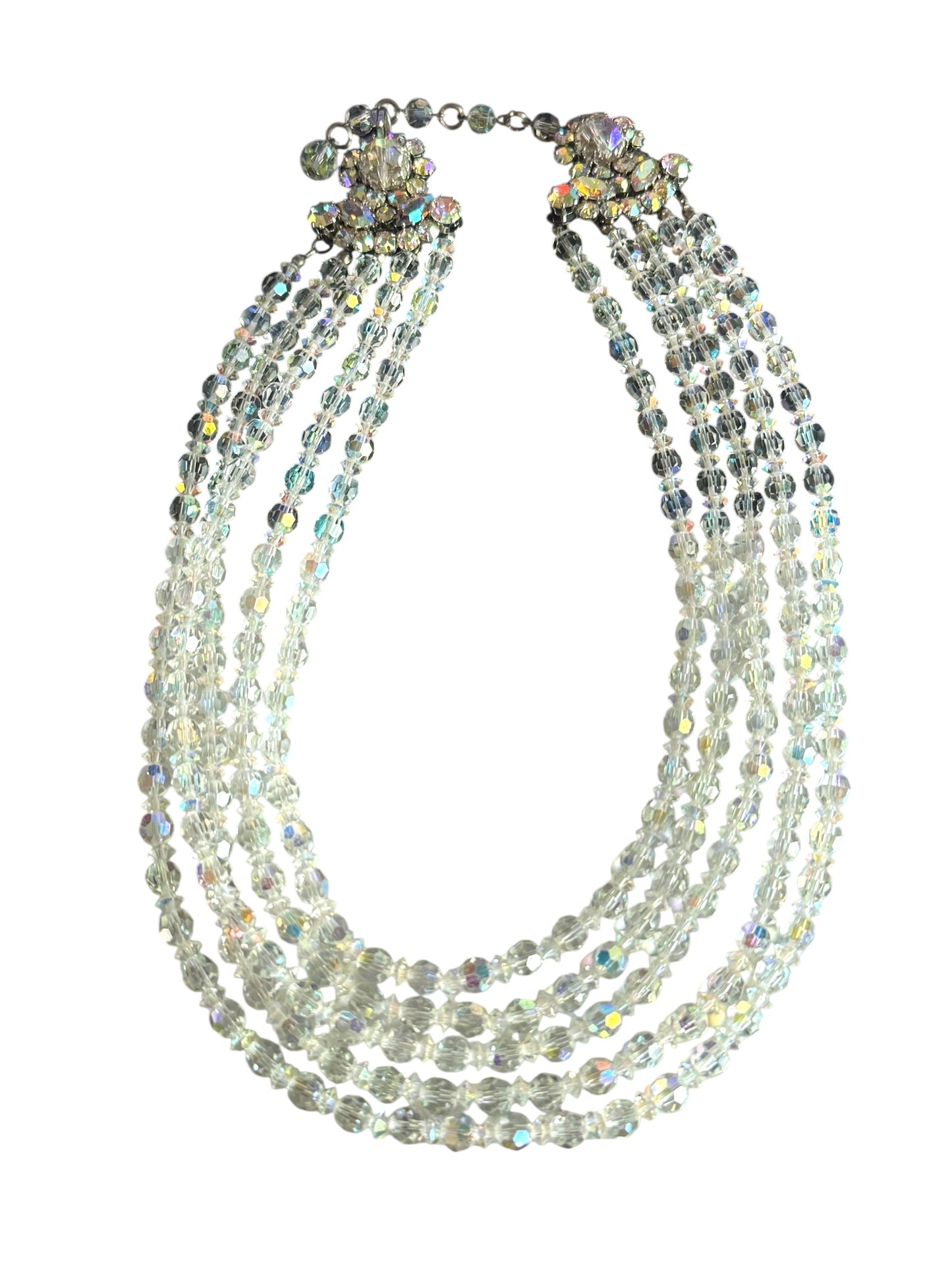 Vintage five-strand aurora borealis crystal necklace – signed made in Austria, dazzling mid-century statement jewelry