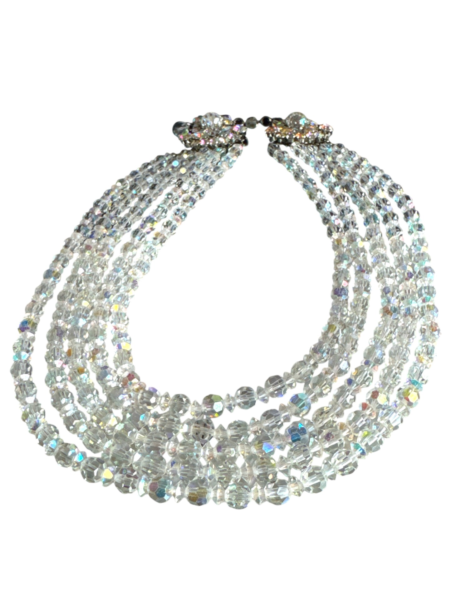 Vintage five-strand aurora borealis crystal necklace – signed made in Austria, dazzling mid-century statement jewelry