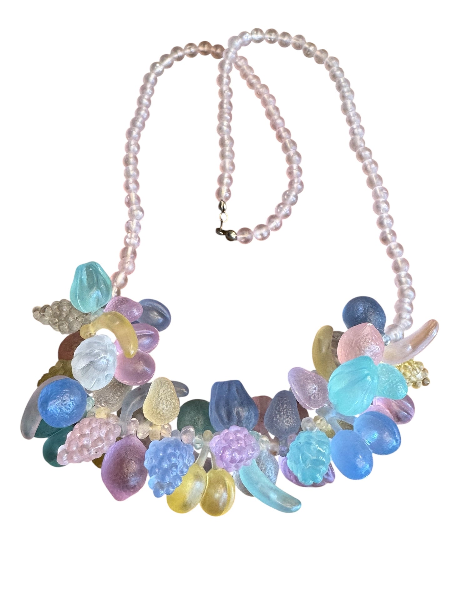 Vintage 1950s fruit salad necklace – frosted pastel plastic fruit clusters on pink beads