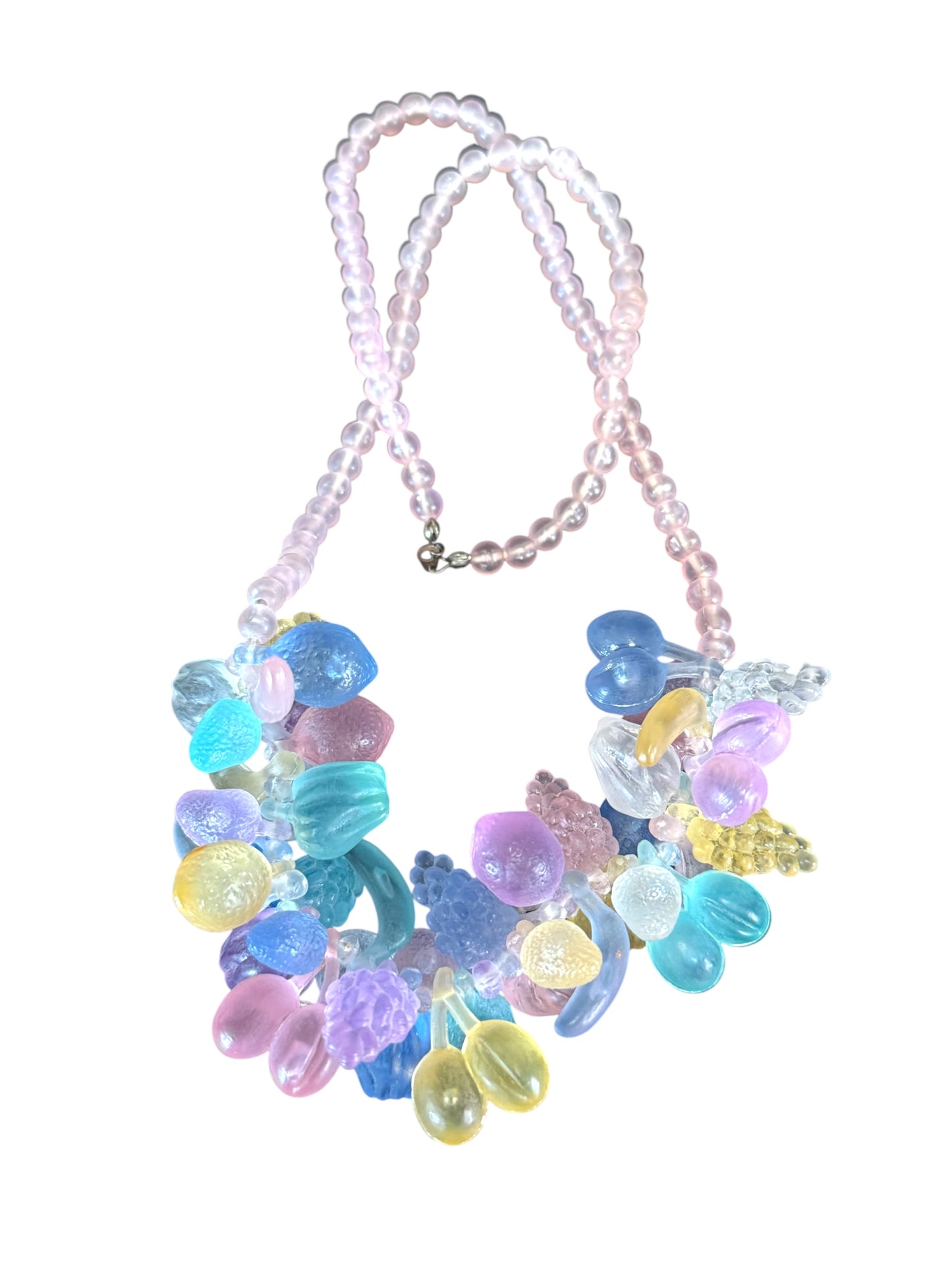 Vintage 1950s fruit salad necklace – frosted pastel plastic fruit clusters on pink beads