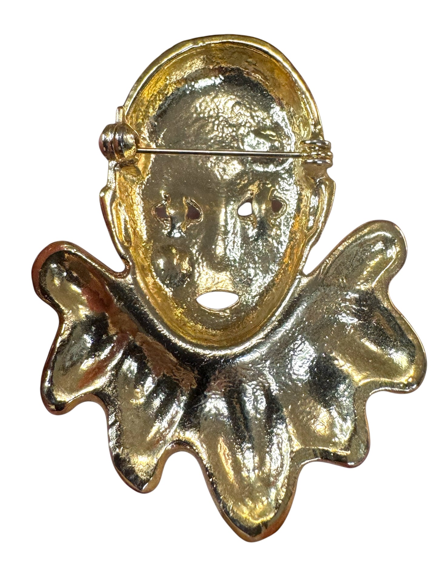Vintage 1980s Pierrot clown brooch – gold tone sad clown pin with enamel star & teardrop, art deco revival
