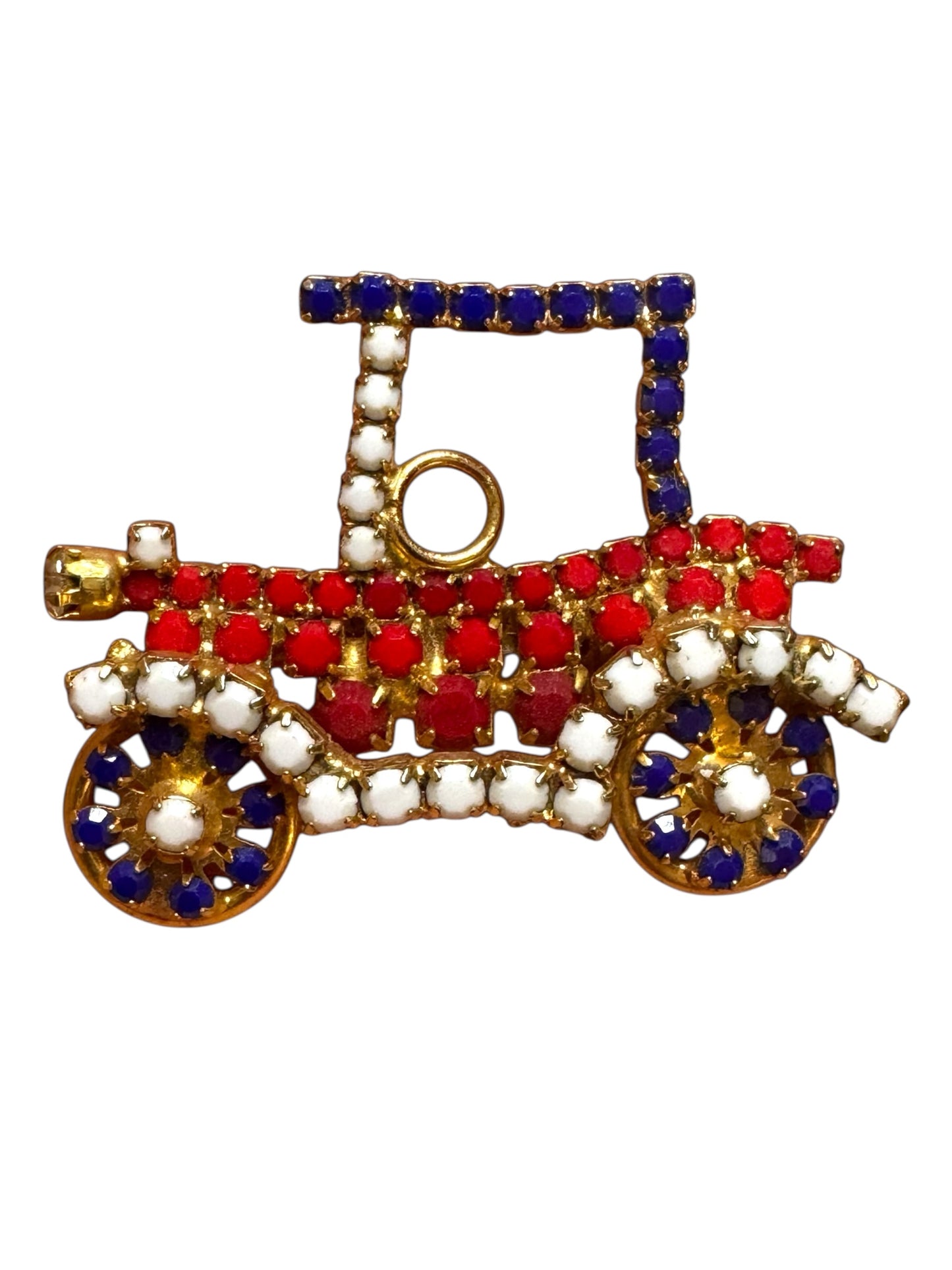 Vintage rhinestone Model T car brooch – red white blue patriotic Americana novelty pin, 1960s mid-century costume jewelry
