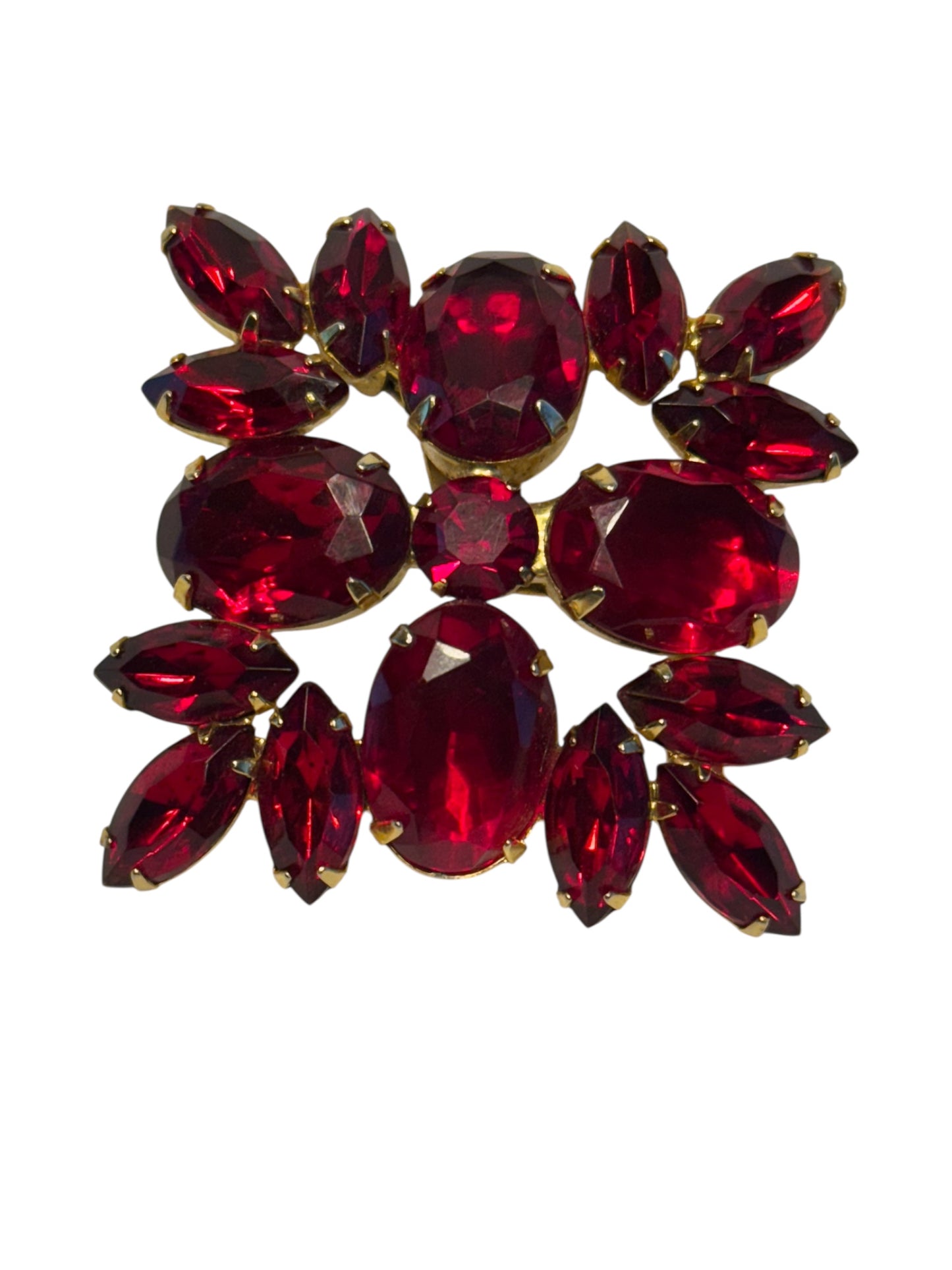 vintage ruby red glass brooch – square design, gold tone setting