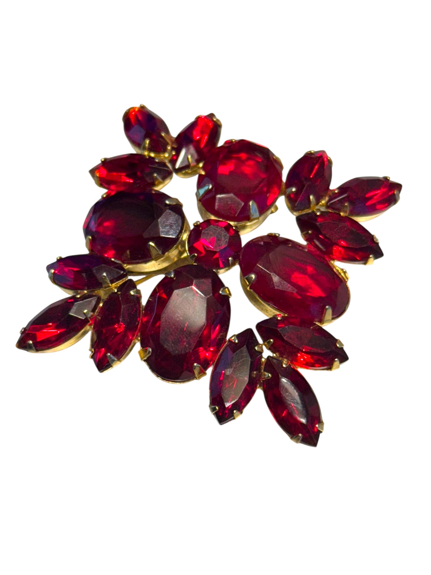 vintage ruby red glass brooch – square design, gold tone setting