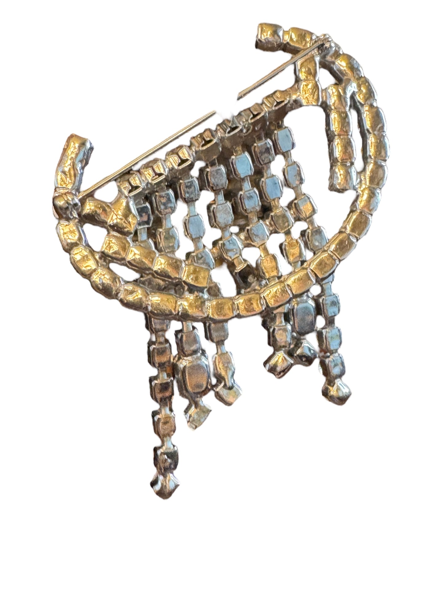 Vintage Art Deco Rhinestone Waterfall Brooch – Silver Tone & Baguette Accents
