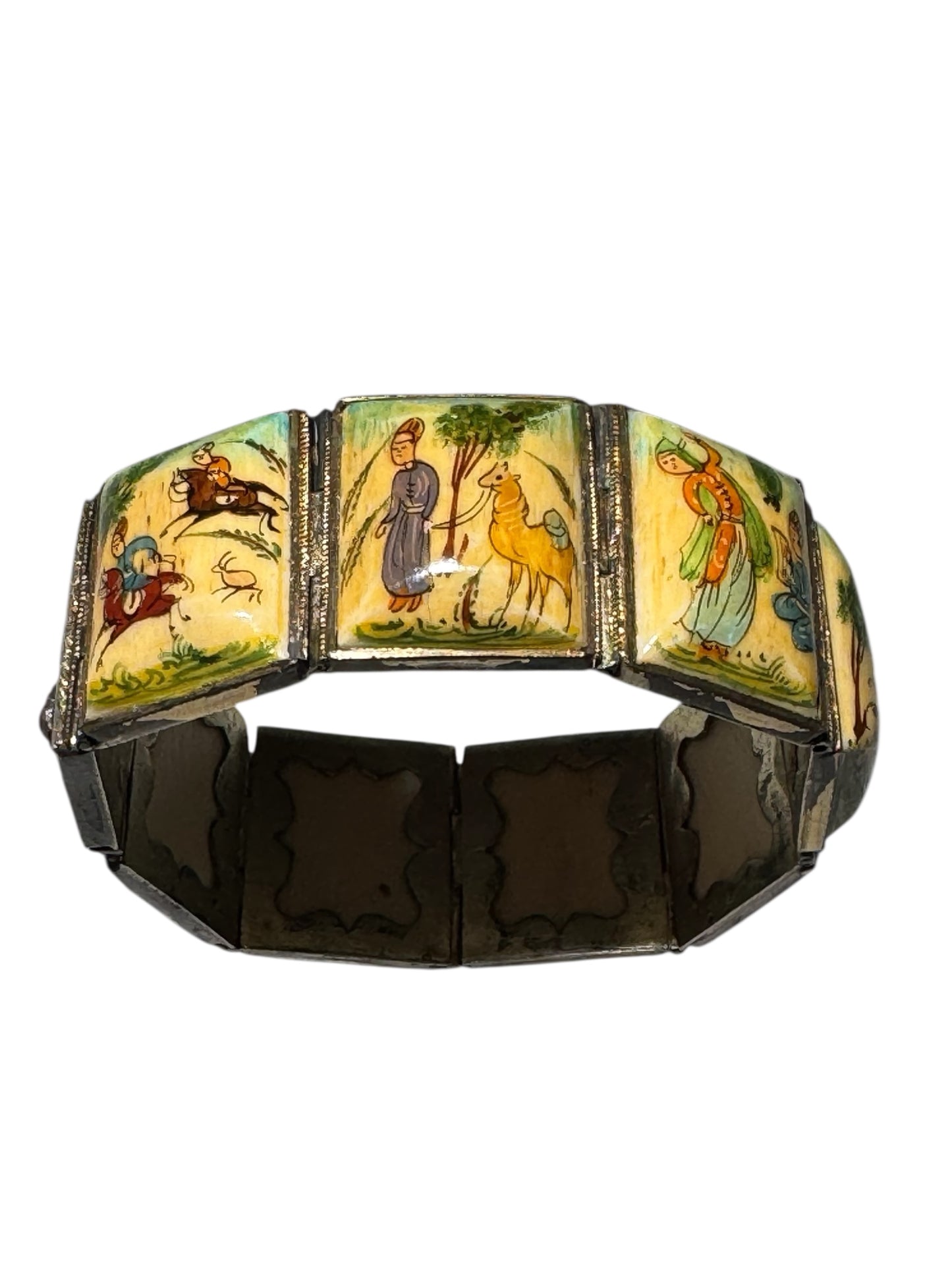 Antique 1920s Persian Silver Storybook Bracelet with Miniature Folk Art Paintings