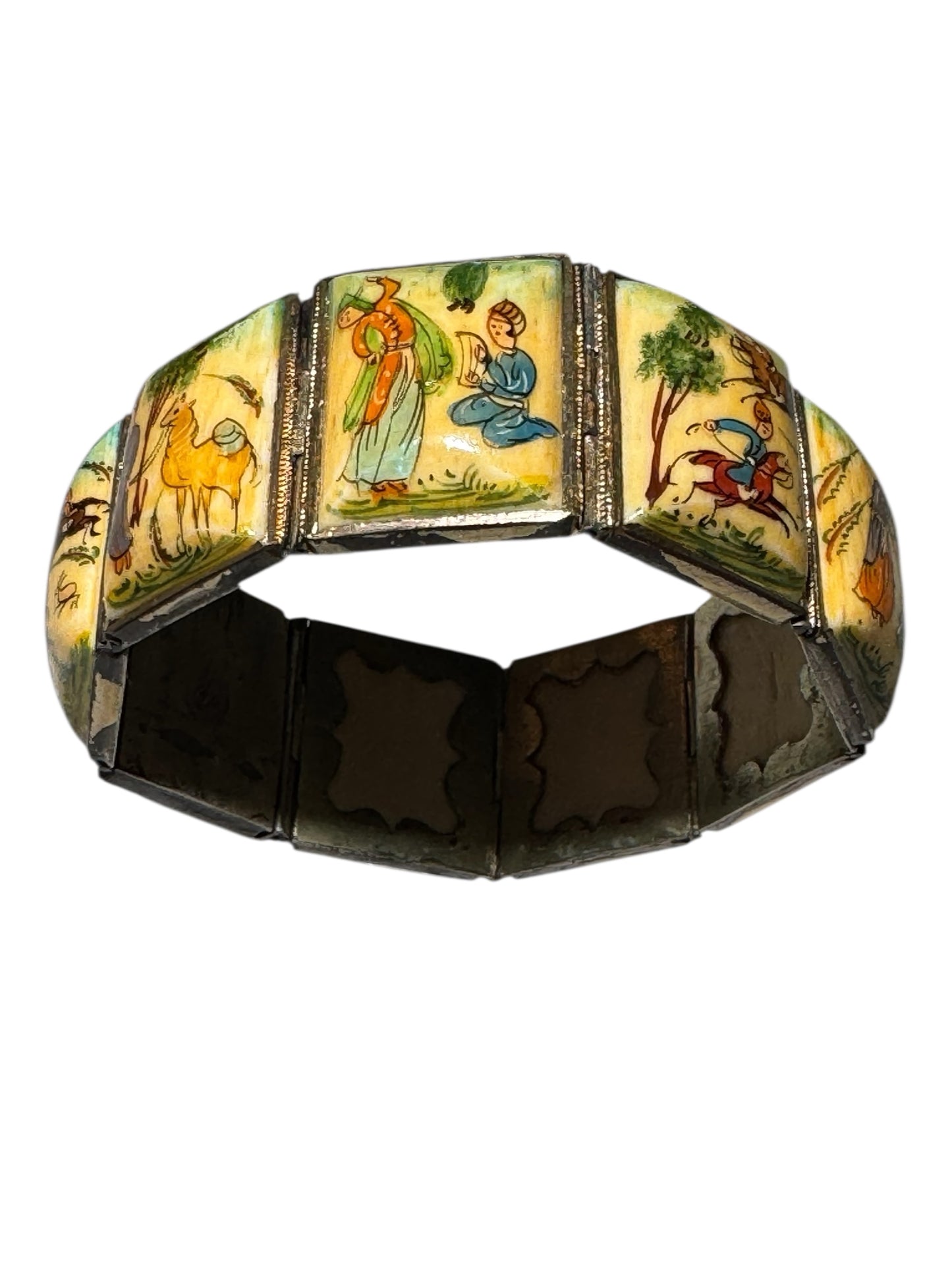 Antique 1920s Persian Silver Storybook Bracelet with Miniature Folk Art Paintings
