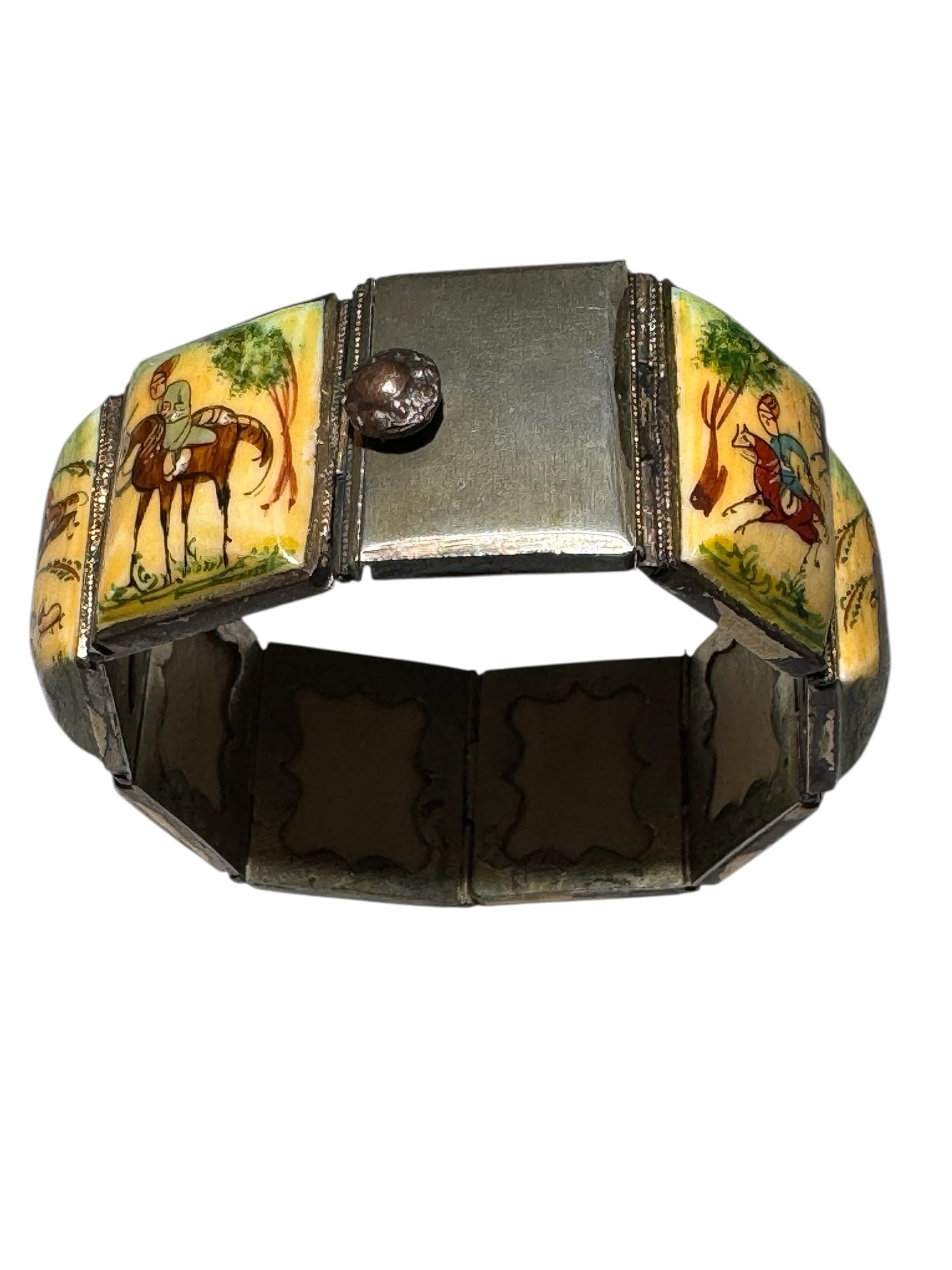 Antique 1920s Persian Silver Storybook Bracelet with Miniature Folk Art Paintings