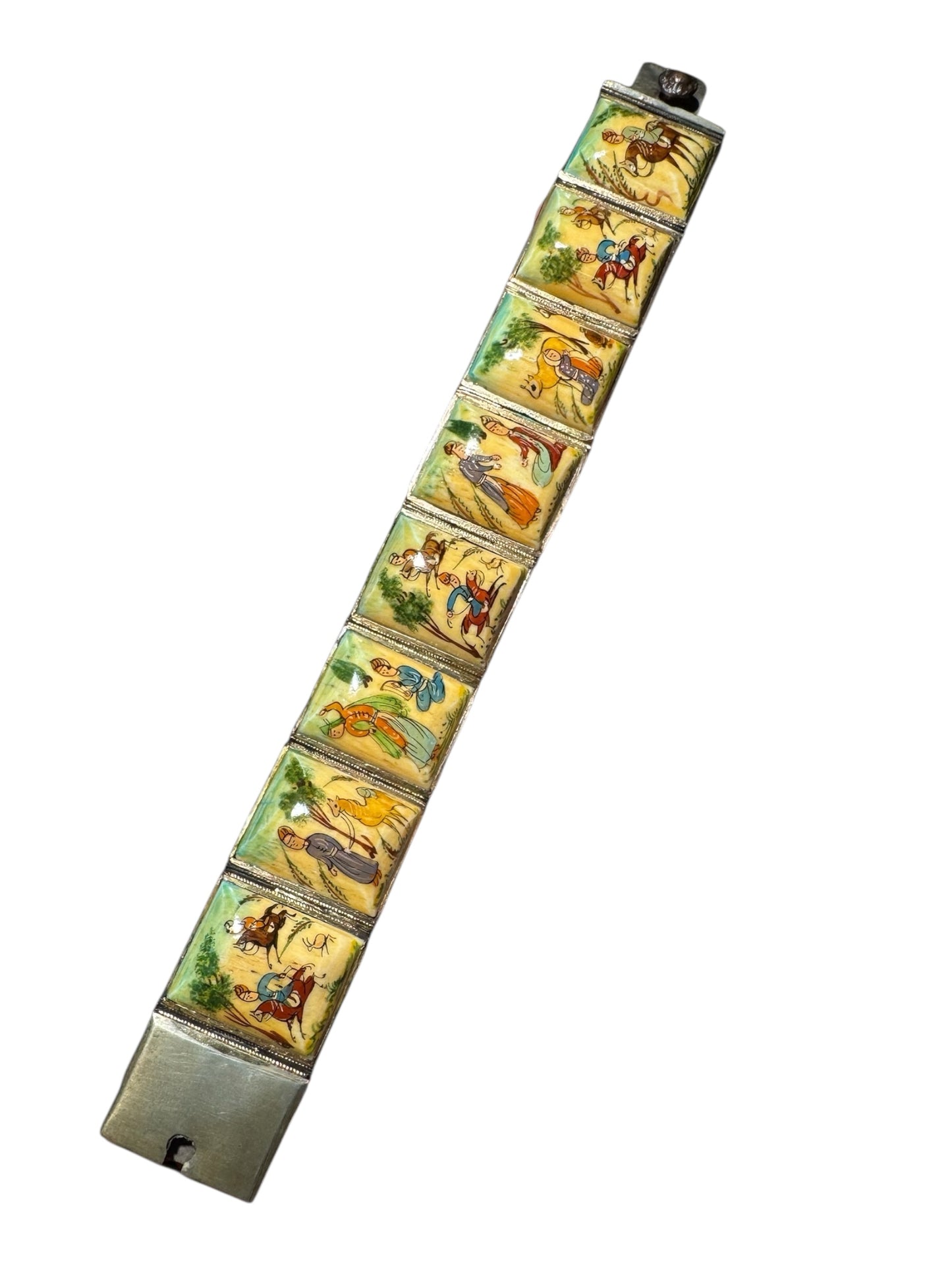 Antique 1920s Persian Silver Storybook Bracelet with Miniature Folk Art Paintings