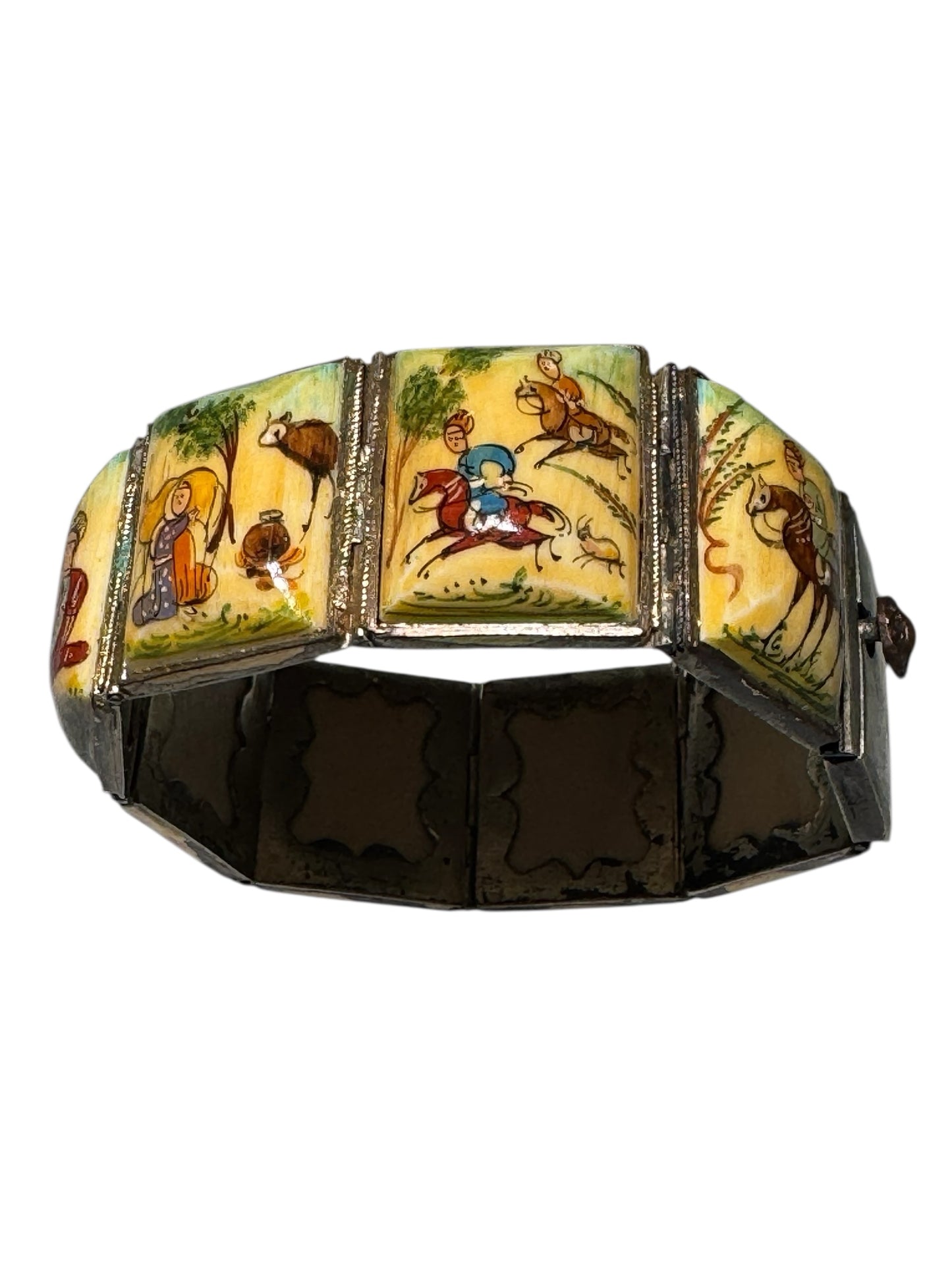Antique 1920s Persian Silver Storybook Bracelet with Miniature Folk Art Paintings