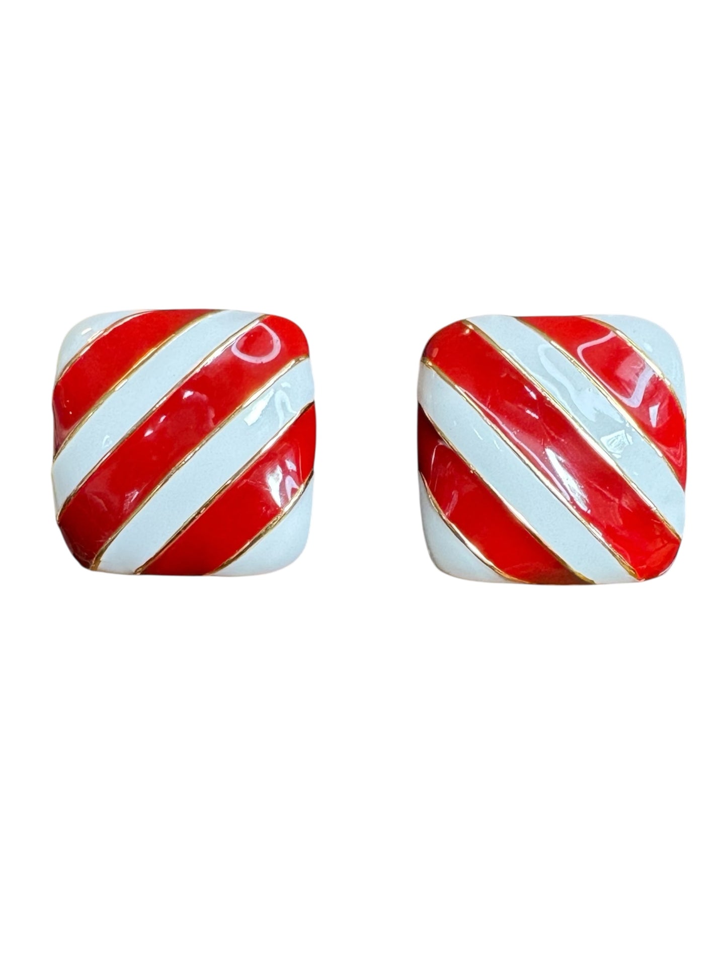 Vintage 1980s Red and White Enamel Candy Stripe Clip-On Earrings – Gold Tone Retro Style