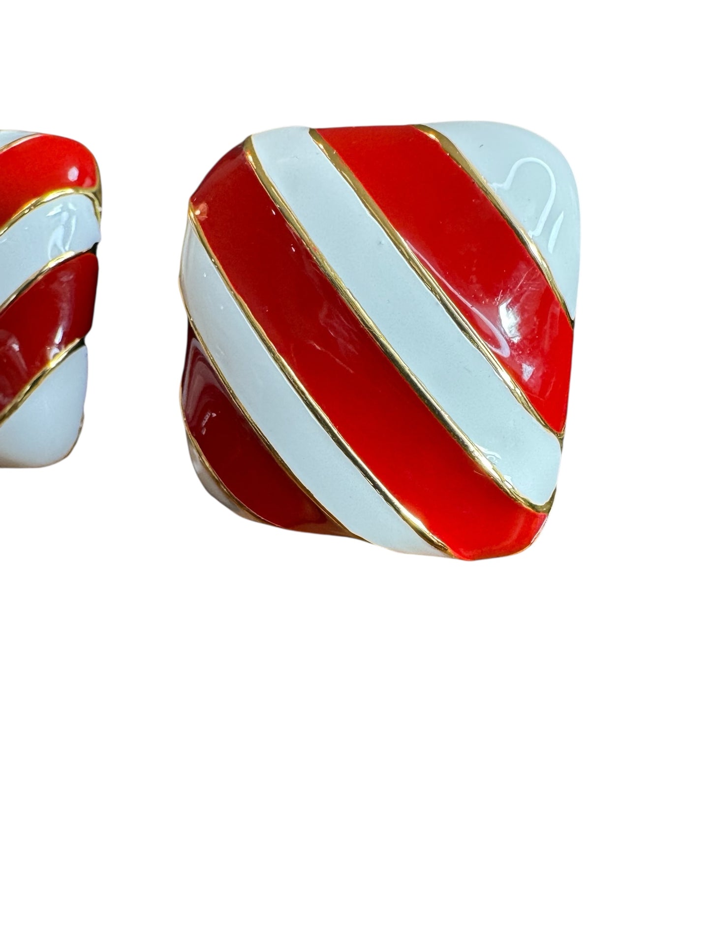 Vintage 1980s Red and White Enamel Candy Stripe Clip-On Earrings – Gold Tone Retro Style