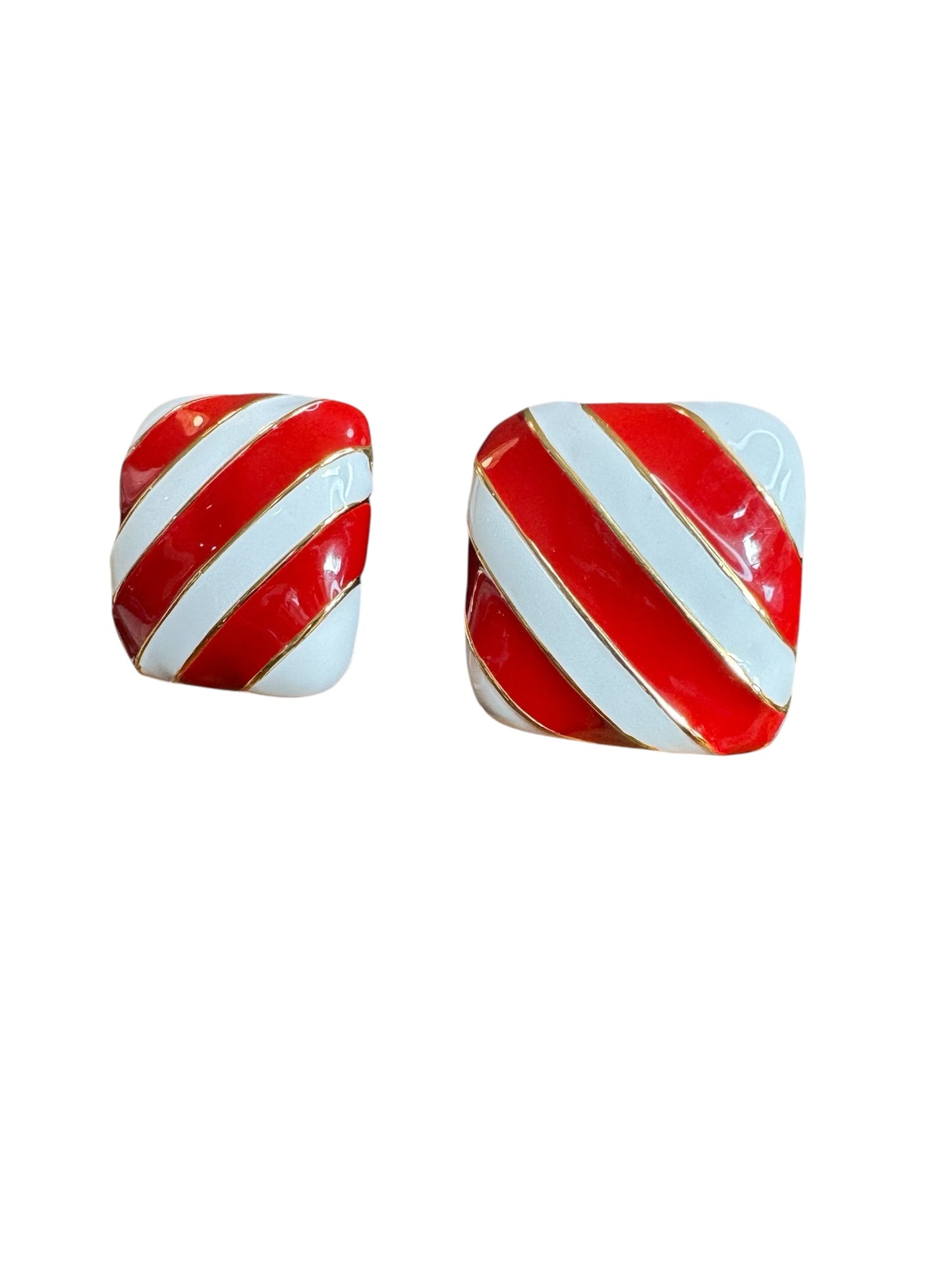Vintage 1980s Red and White Enamel Candy Stripe Clip-On Earrings – Gold Tone Retro Style