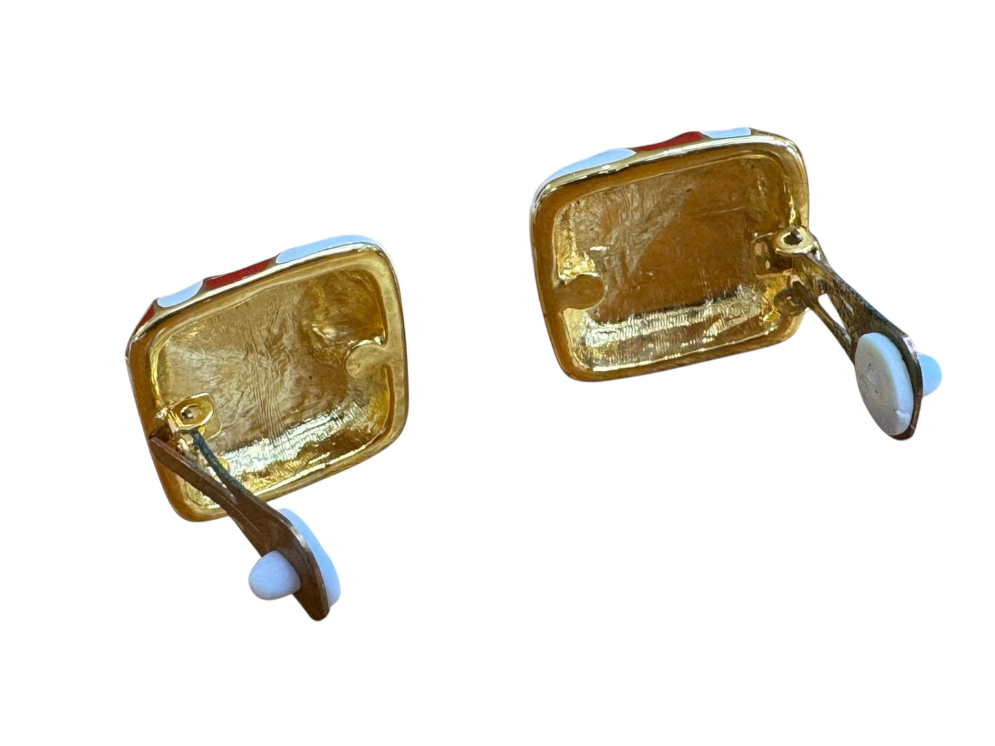 Vintage 1980s Red and White Enamel Candy Stripe Clip-On Earrings – Gold Tone Retro Style