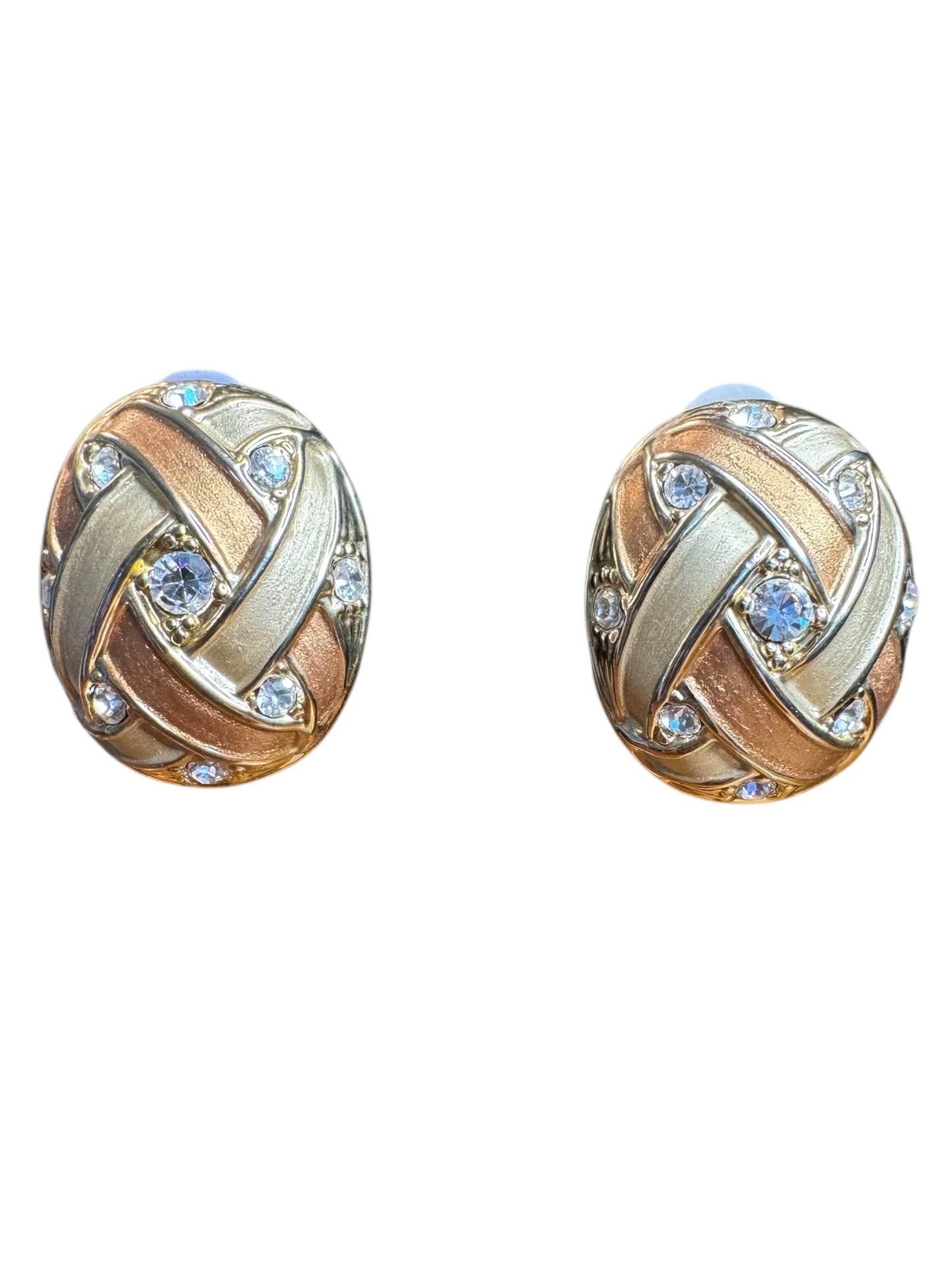 Vintage 1990s Carucci Brushed Gold & Rose Gold Oval Clip-On Earrings with Rhinestones