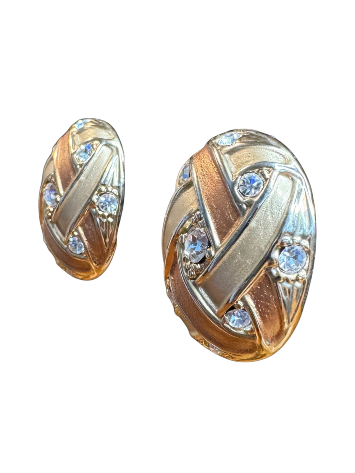 1990s Carucci Brushed Gold & Rose Gold Oval Clip-On Earrings with Rhinestones