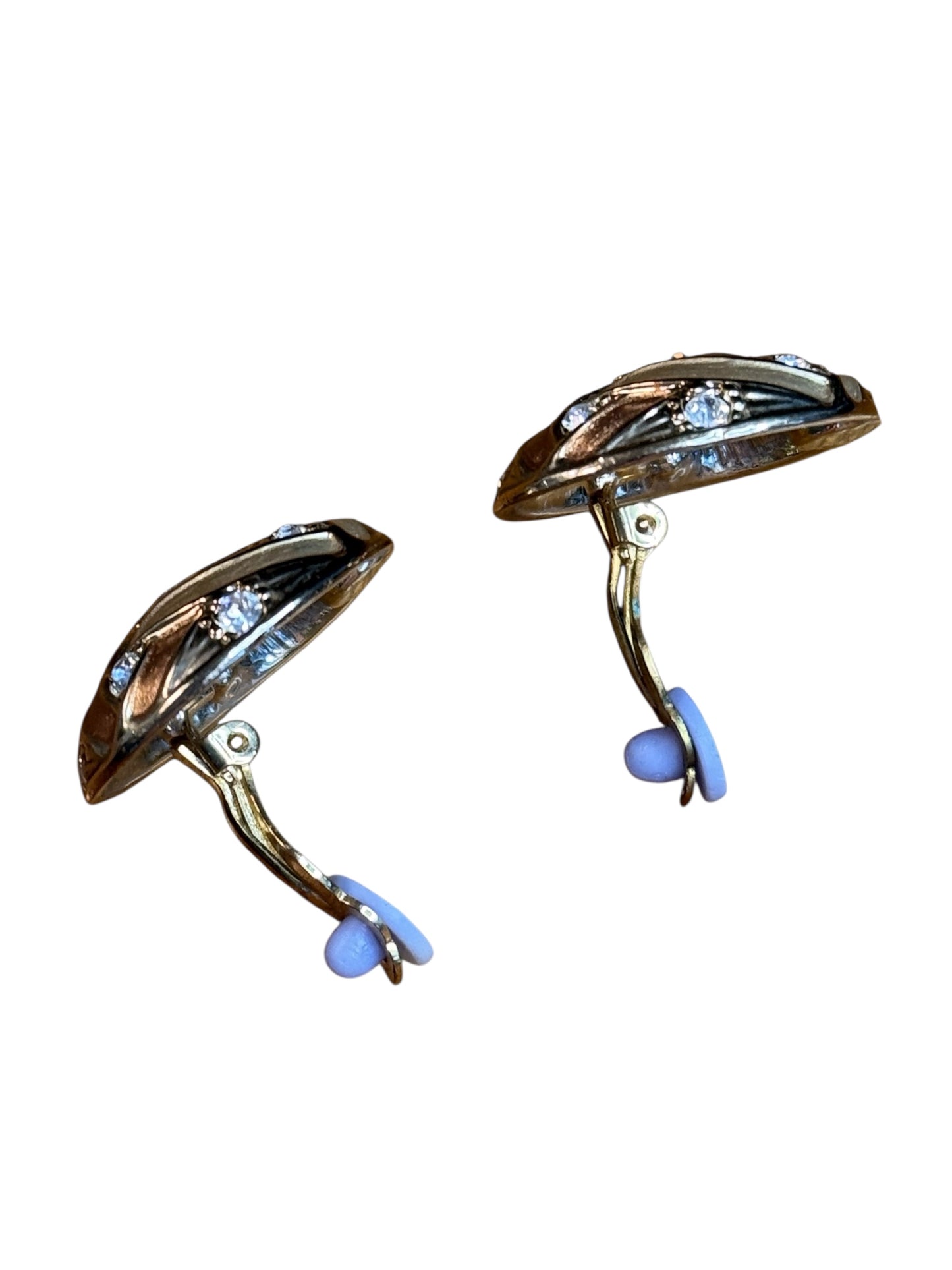 1990s Carucci Brushed Gold & Rose Gold Oval Clip-On Earrings with Rhinestones