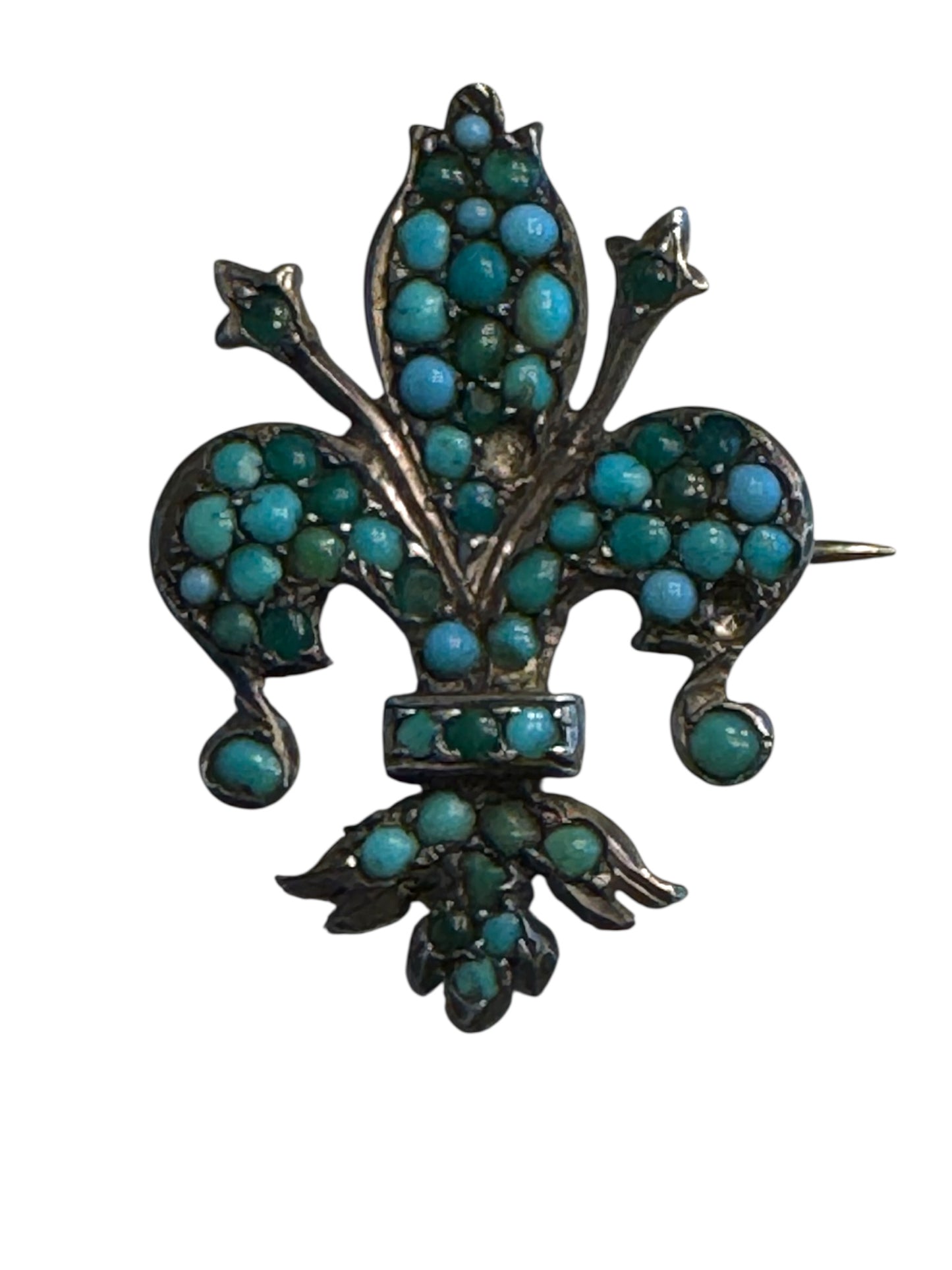 Antique Silver Fleur-de-Lis Brooch with Persian Turquoise – 800 Silver Marked, 19th Century
