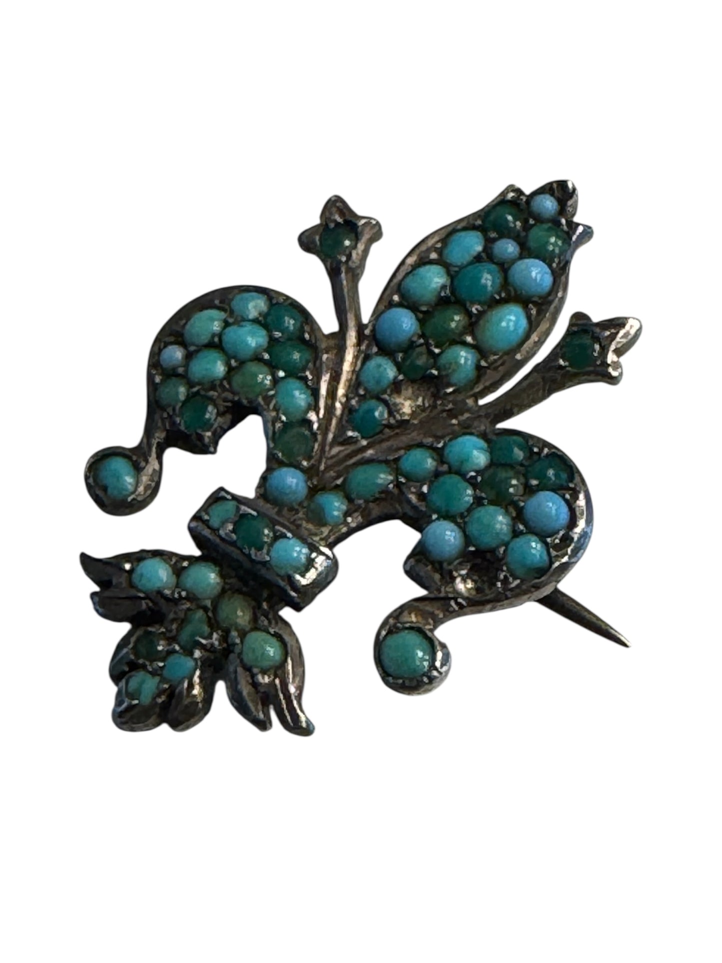 Antique Silver Fleur-de-Lis Brooch with Persian Turquoise – 800 Silver Marked, 19th Century