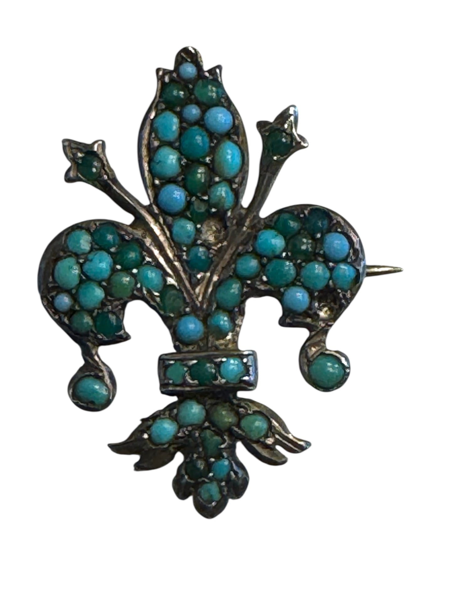 Antique Silver Fleur-de-Lis Brooch with Persian Turquoise – 800 Silver Marked, 19th Century
