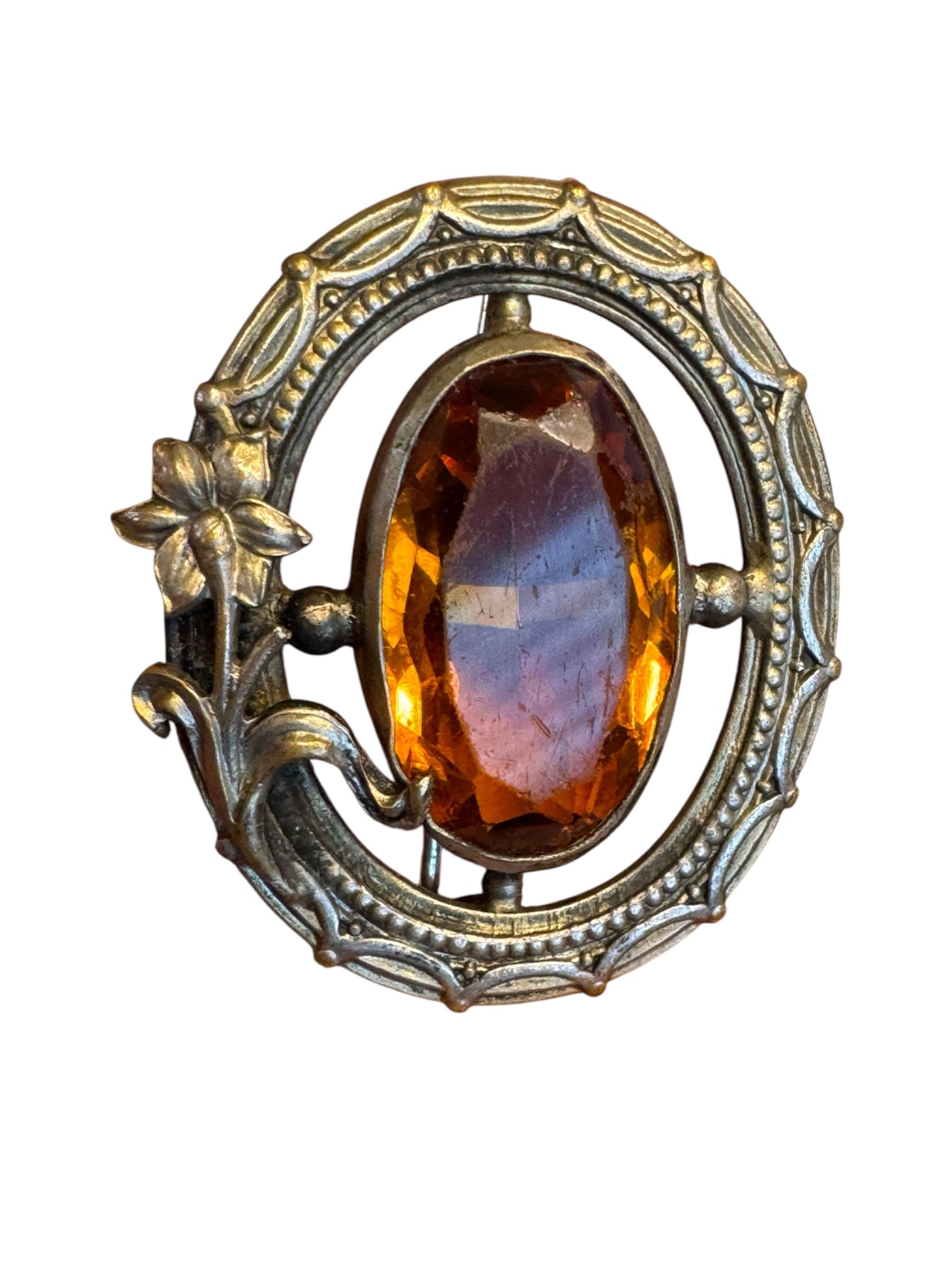 Vintage Art Nouveau Style Amber Glass Brooch – Floral Brass Tone Oval Pin, 1920s–1930s
