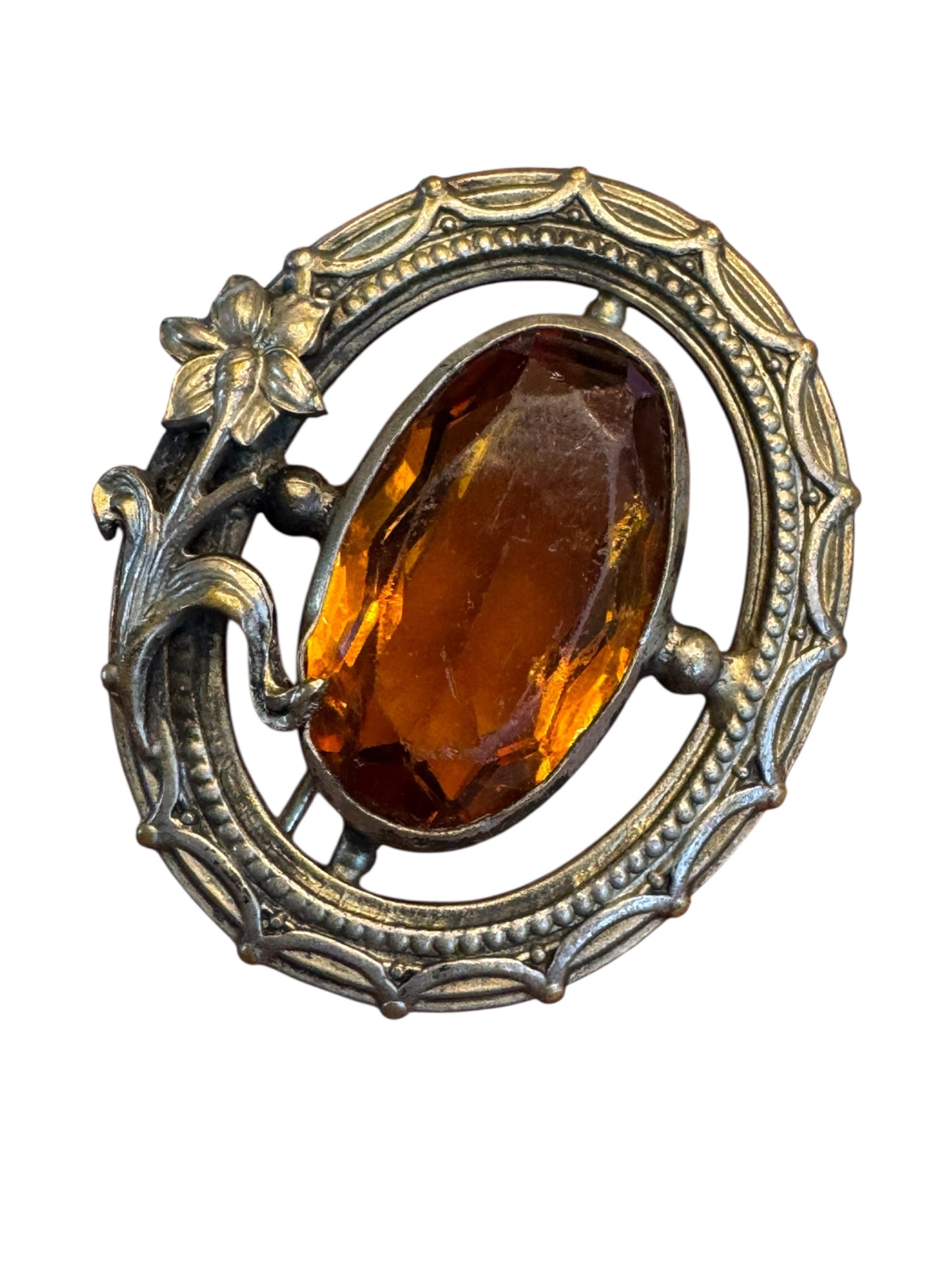 Vintage Art Nouveau Style Amber Glass Brooch – Floral Brass Tone Oval Pin, 1920s–1930s