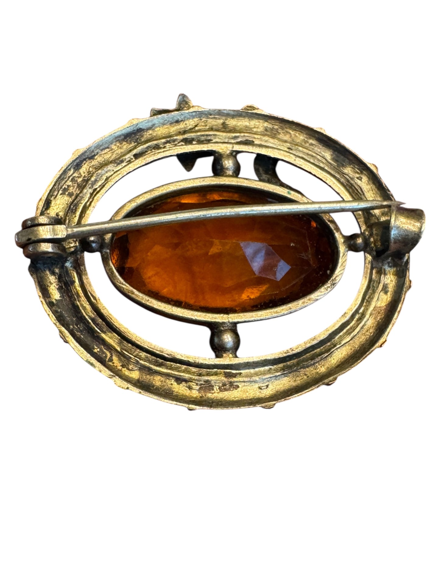 Vintage Art Nouveau Style Amber Glass Brooch – Floral Brass Tone Oval Pin, 1920s–1930s