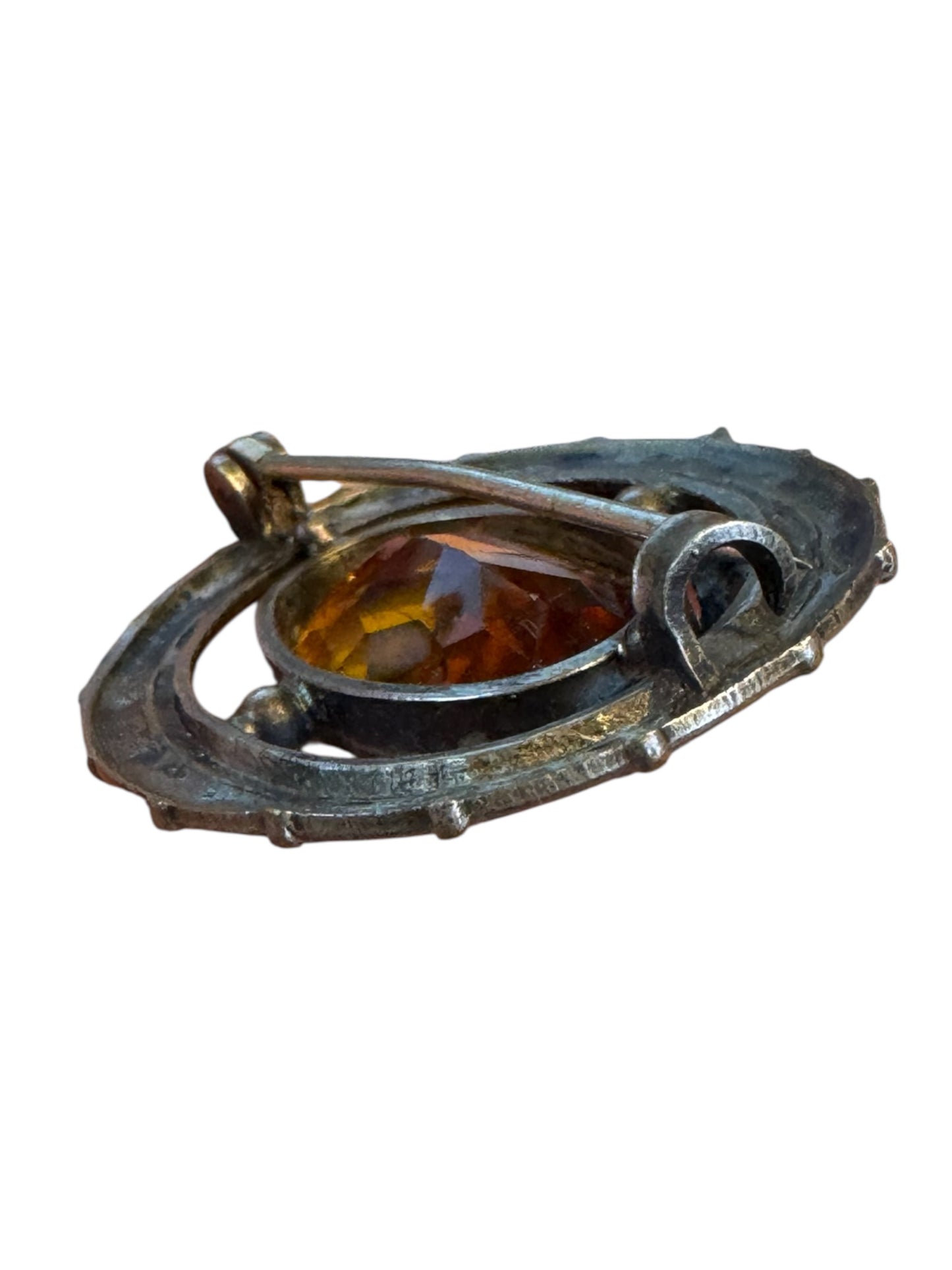 Vintage Art Nouveau Style Amber Glass Brooch – Floral Brass Tone Oval Pin, 1920s–1930s