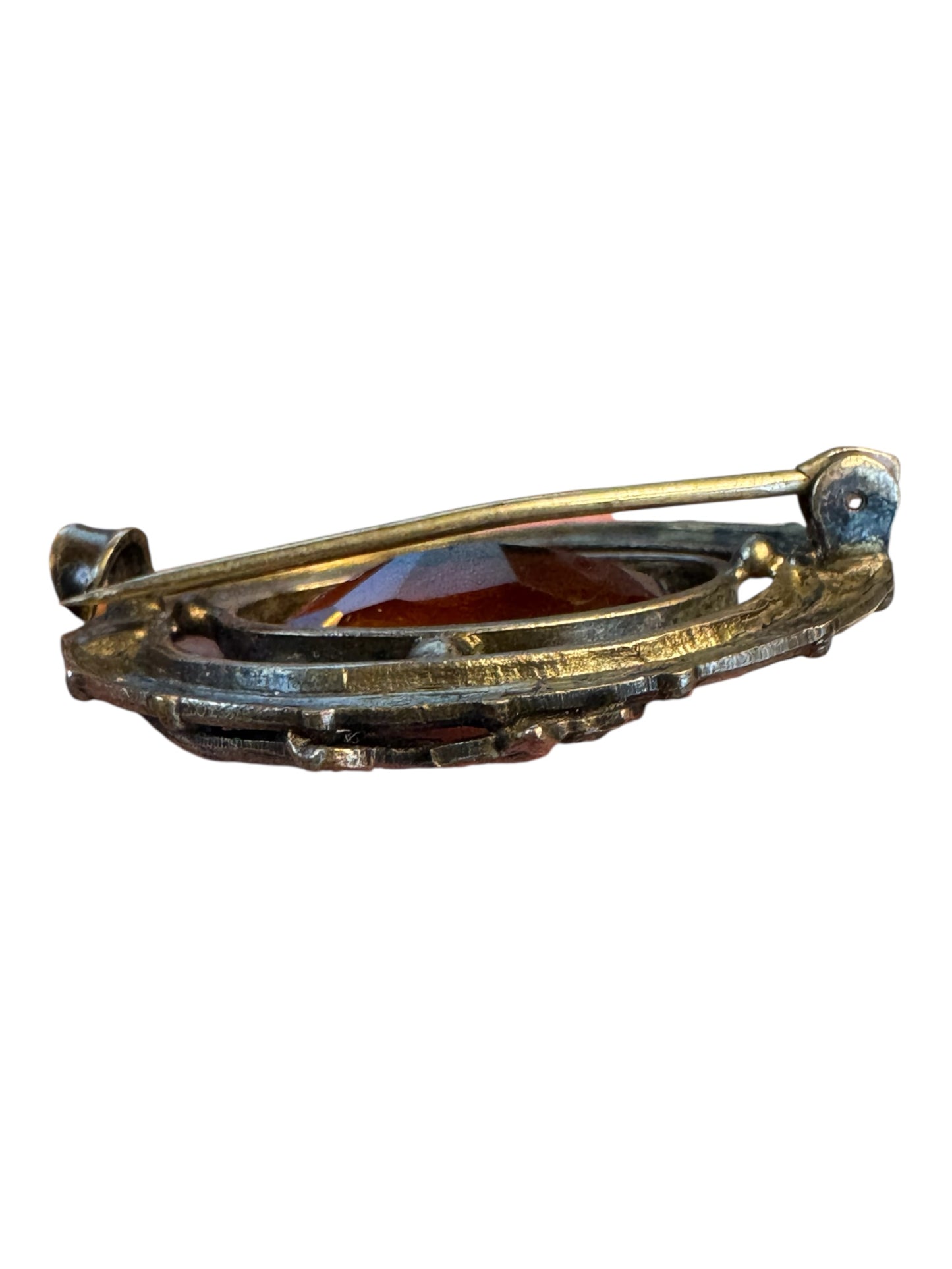 Vintage Art Nouveau Style Amber Glass Brooch – Floral Brass Tone Oval Pin, 1920s–1930s