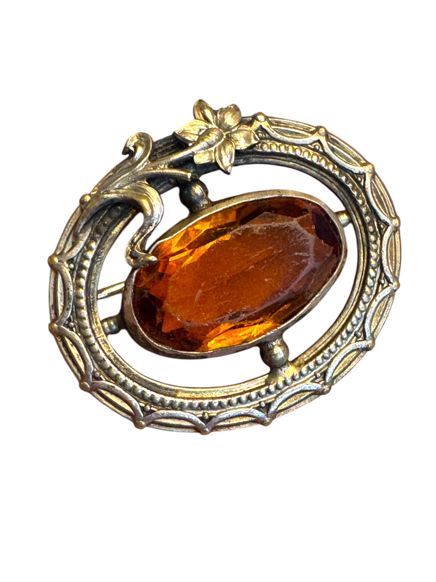 Vintage Art Nouveau Style Amber Glass Brooch – Floral Brass Tone Oval Pin, 1920s–1930s