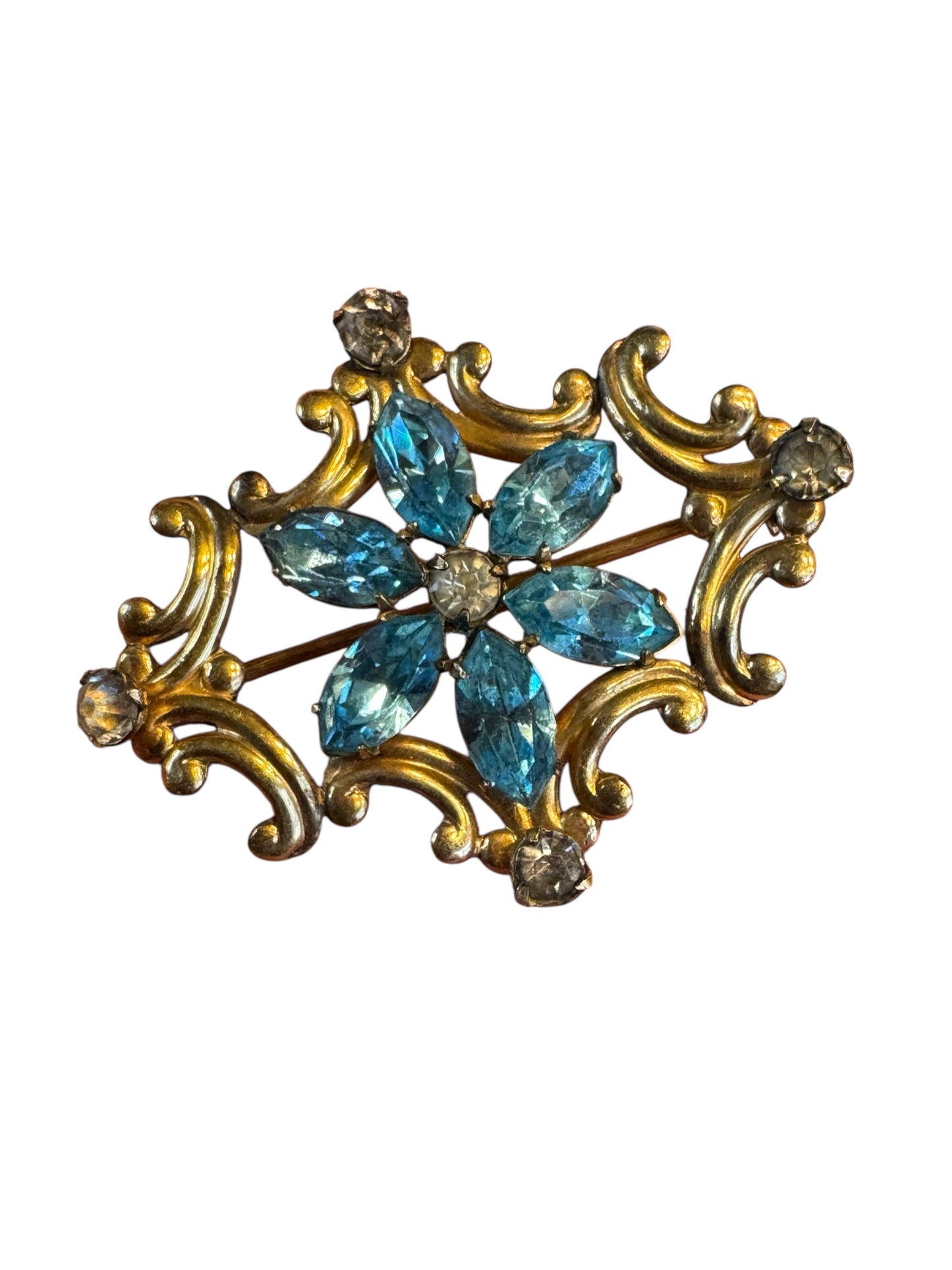 Vintage Simmons Blue Rhinestone Scroll Brooch – 1940s Floral Motif in Gold Tone