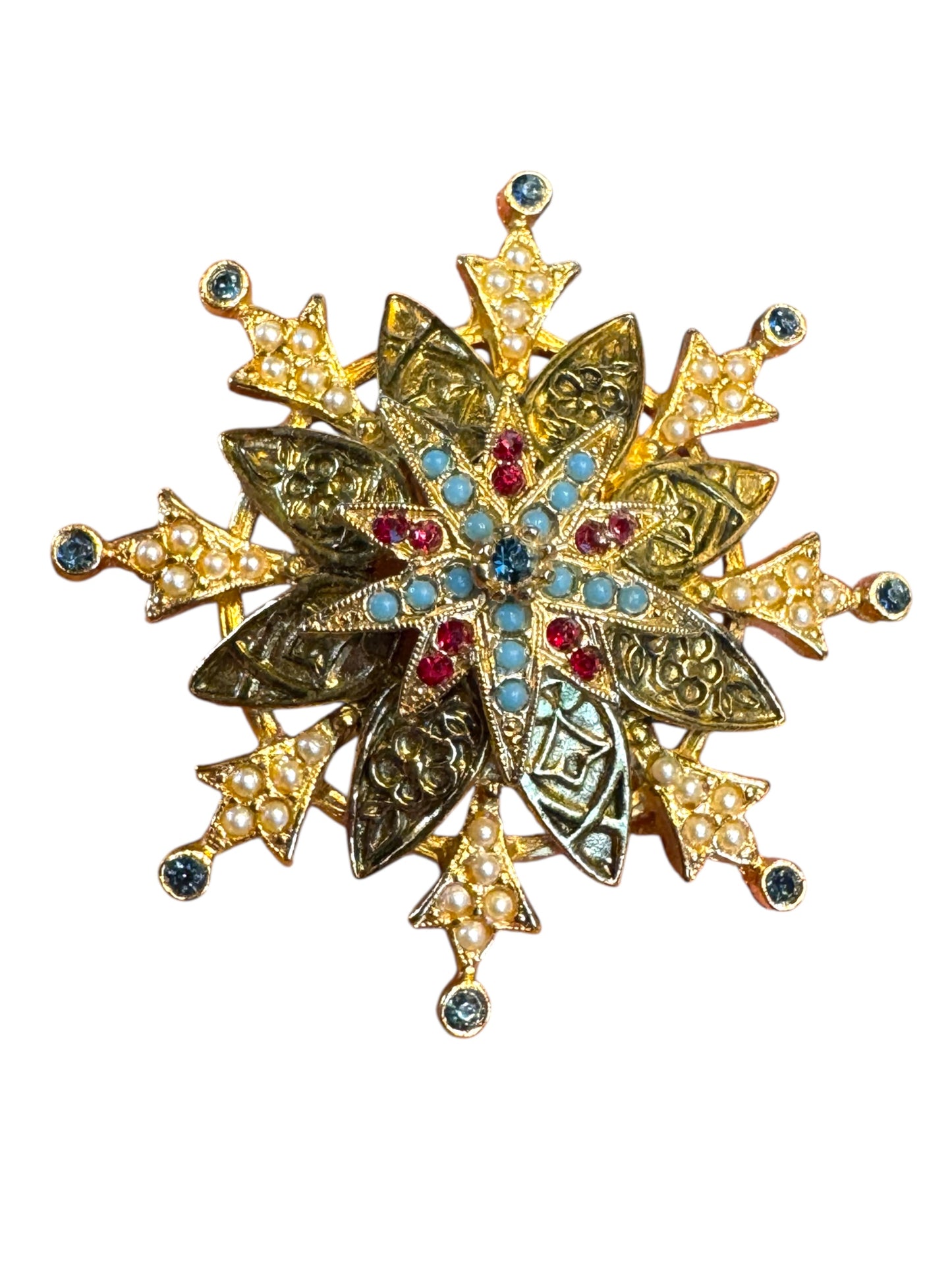 Vintage Signed ART Layered Gold-Tone Filigree Brooch – Faux Pearls, Turquoise Cabochons & Red Rhinestones