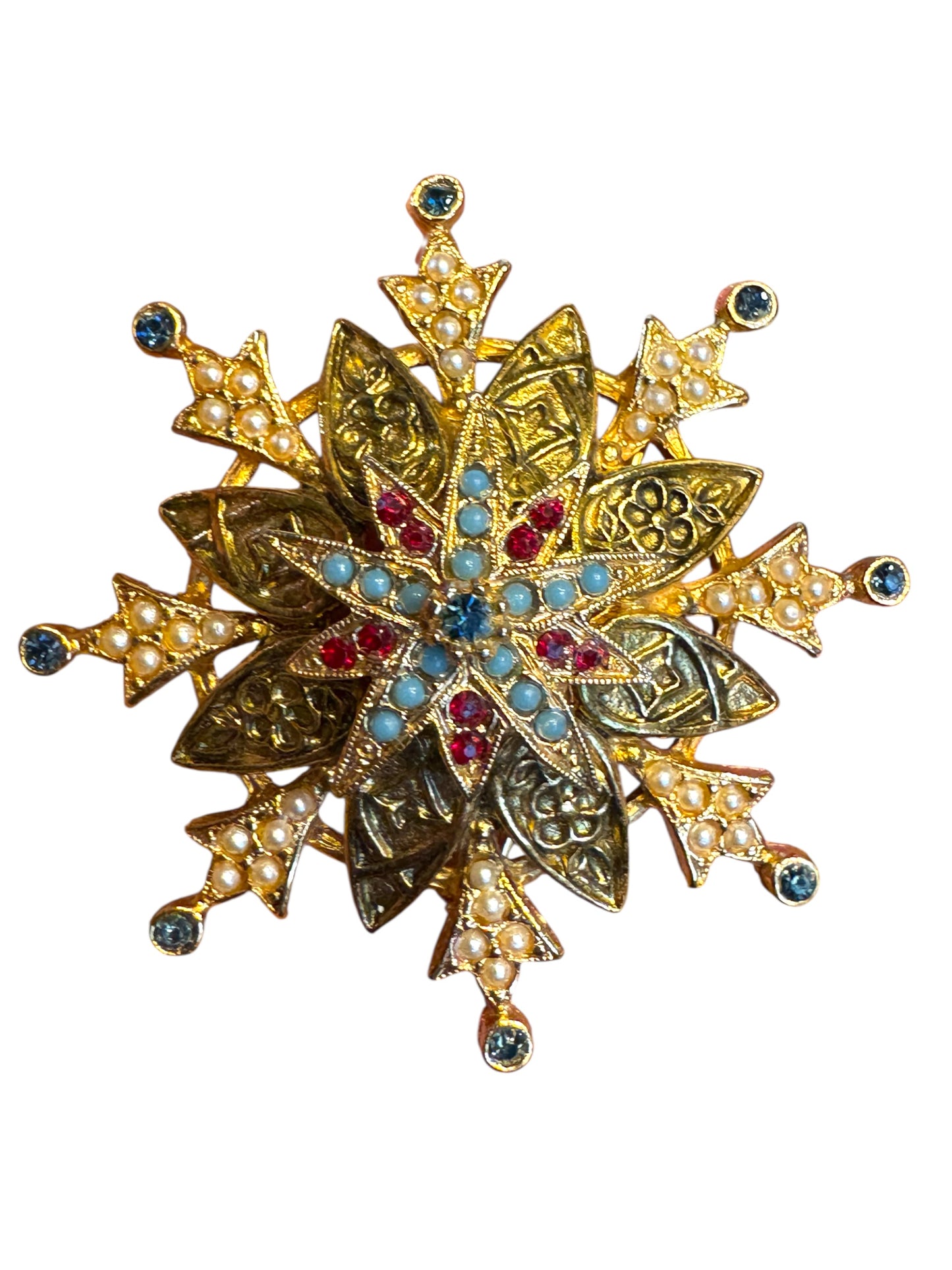 Vintage Signed ART Layered Gold-Tone Filigree Brooch – Faux Pearls, Turquoise Cabochons & Red Rhinestones