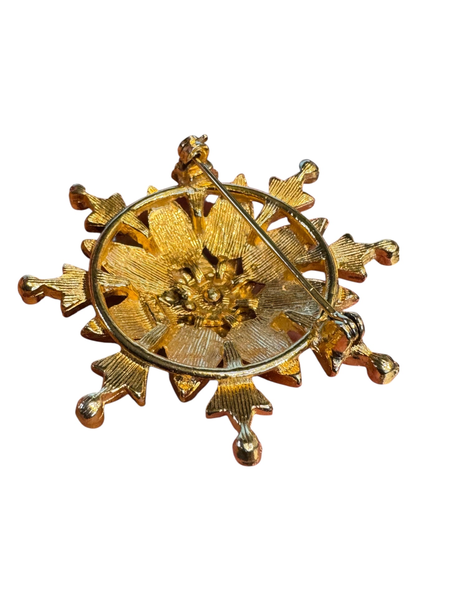 Vintage Signed ART Layered Gold-Tone Filigree Brooch – Faux Pearls, Turquoise Cabochons & Red Rhinestones
