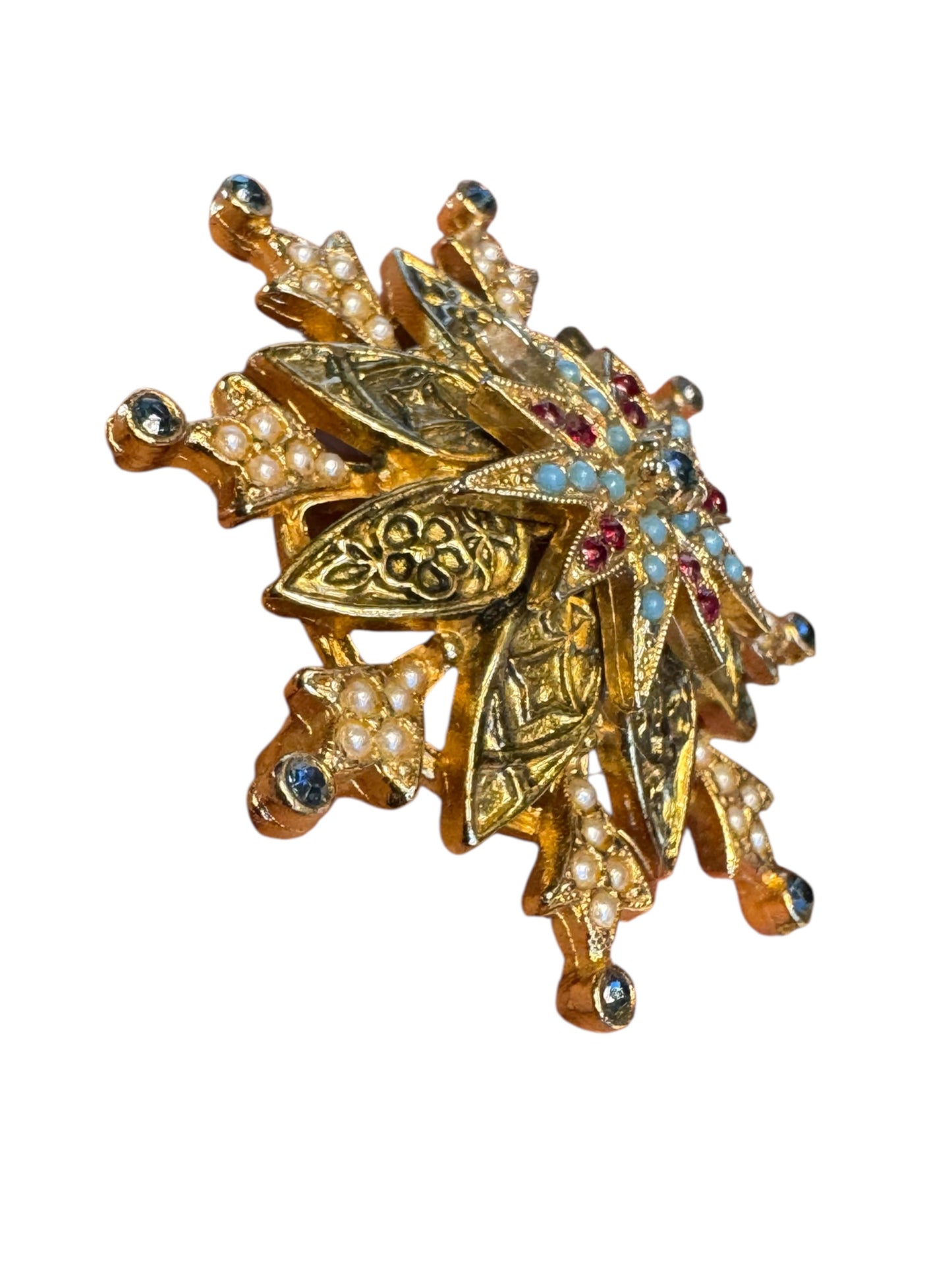 Vintage Signed ART Layered Gold-Tone Filigree Brooch – Faux Pearls, Turquoise Cabochons & Red Rhinestones