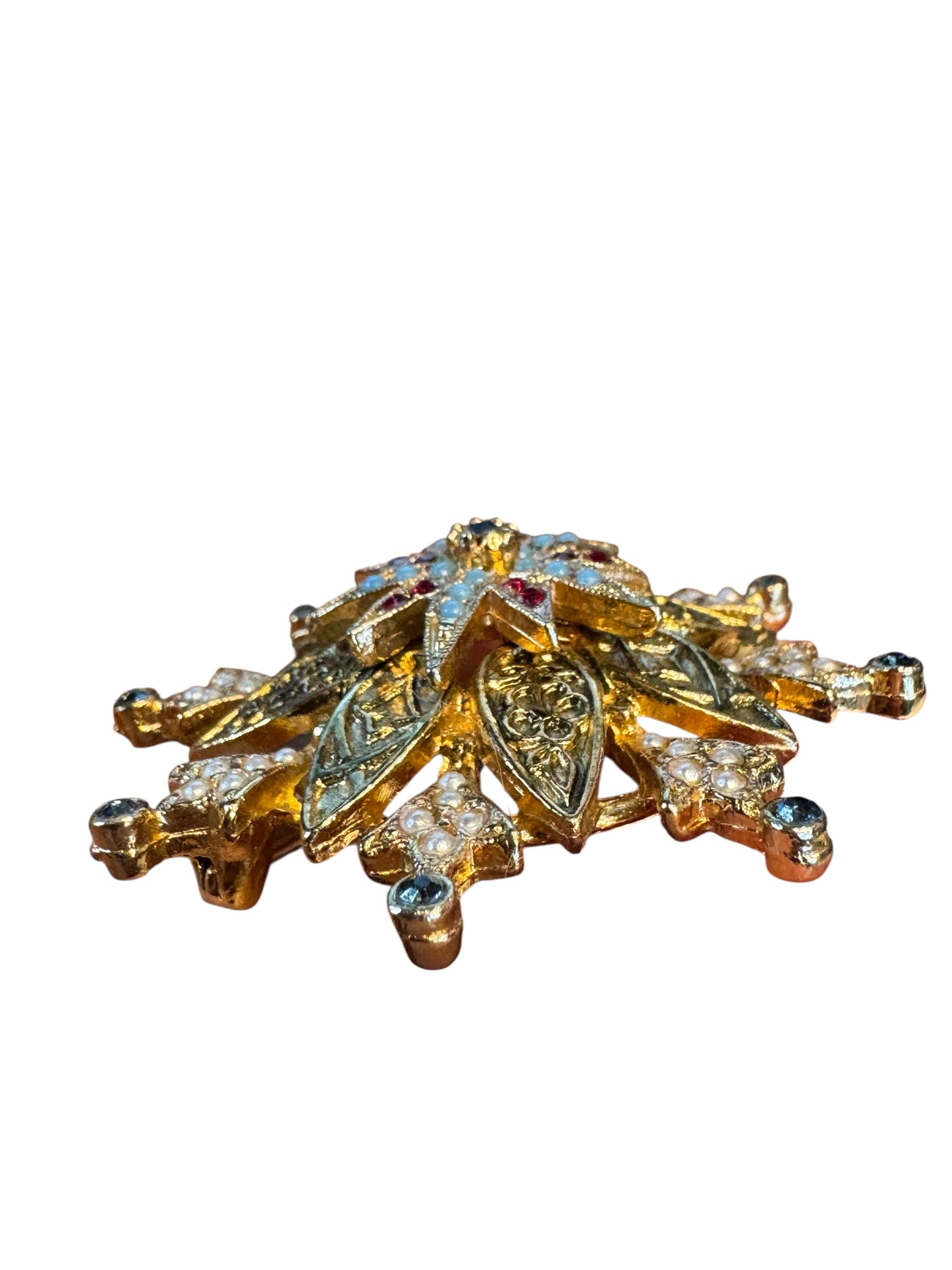 Vintage Signed ART Layered Gold-Tone Filigree Brooch – Faux Pearls, Turquoise Cabochons & Red Rhinestones