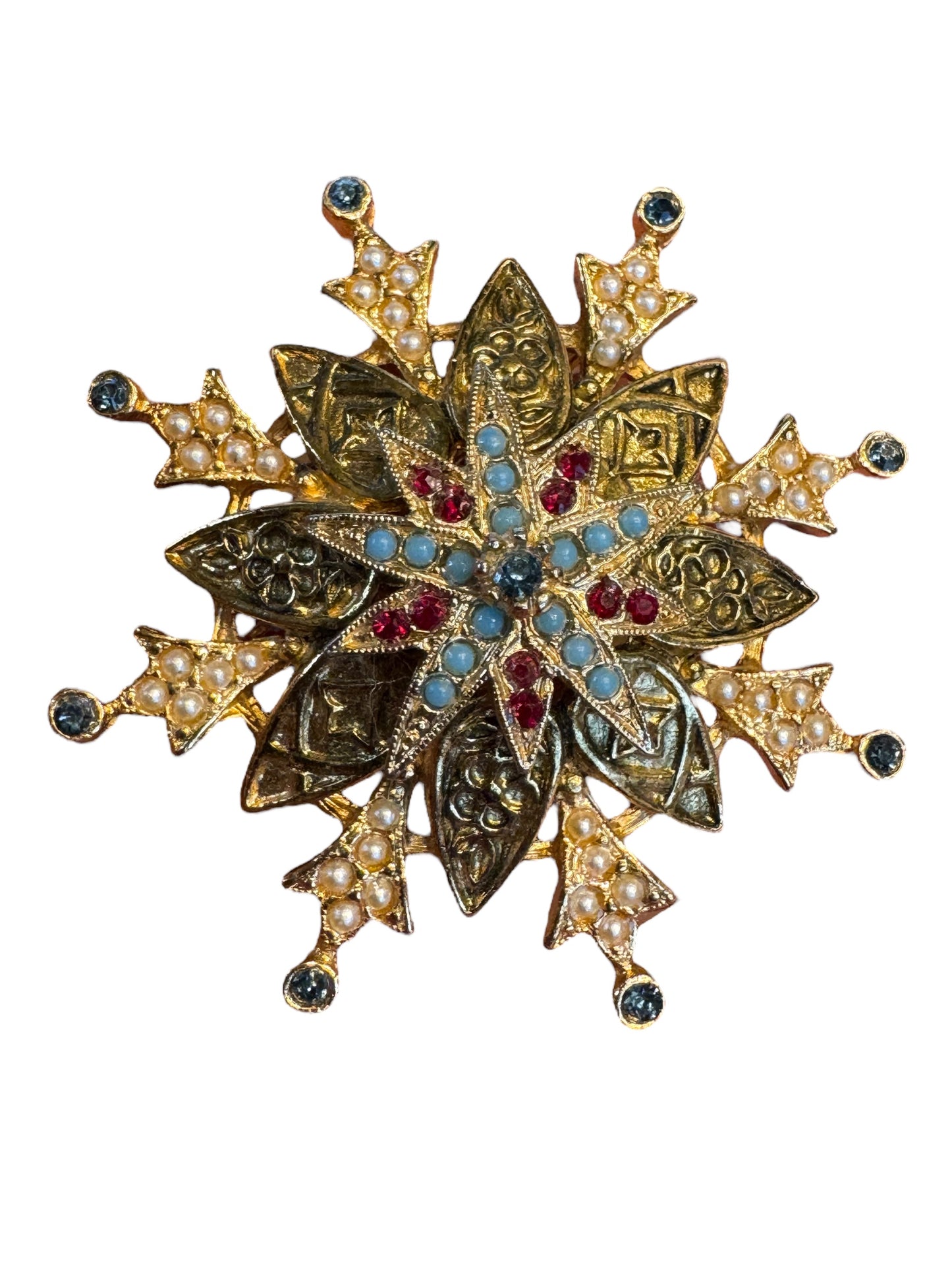 Vintage Signed ART Layered Gold-Tone Filigree Brooch – Faux Pearls, Turquoise Cabochons & Red Rhinestones