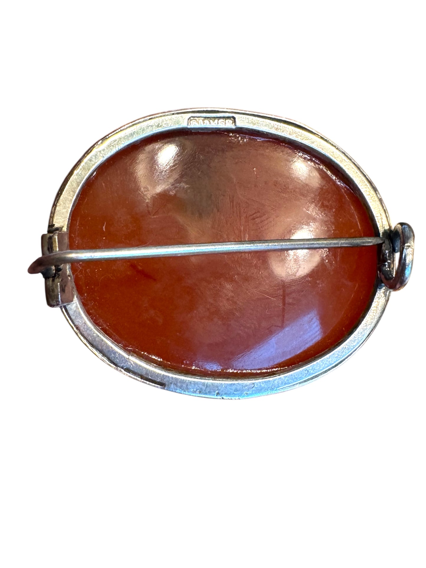 Antique Carnelian Silver Brooch – Oval Cabochon With C-Clasp & Signed Setting