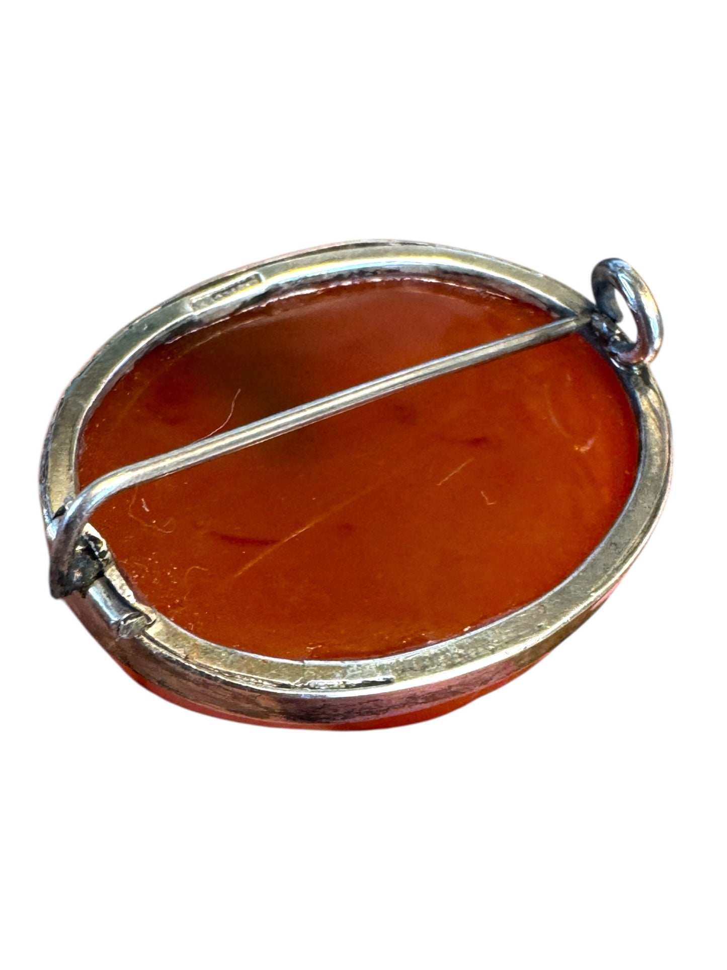 Antique Carnelian Silver Brooch – Oval Cabochon With C-Clasp & Signed Setting