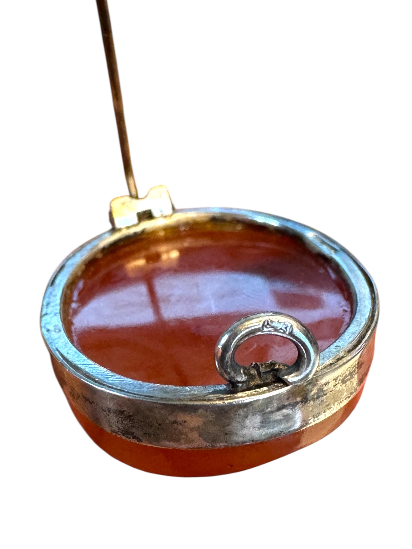 Antique Carnelian Silver Brooch – Oval Cabochon With C-Clasp & Signed Setting