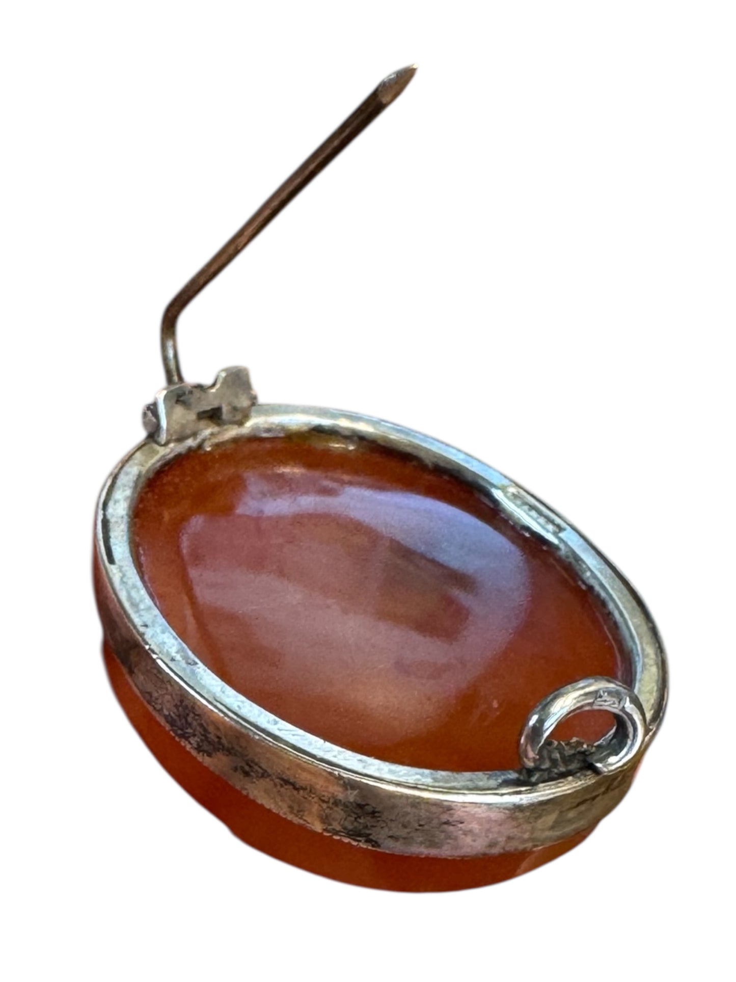 Antique Carnelian Silver Brooch – Oval Cabochon With C-Clasp & Signed Setting
