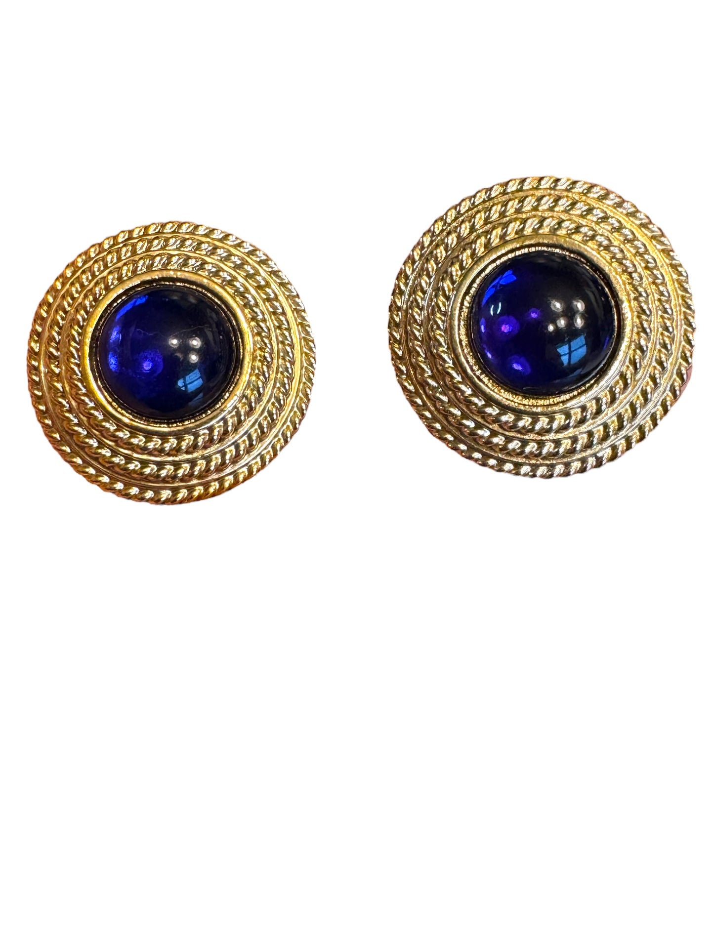 Vintage Joan Rivers Clip-On Earrings – Chunky Gold-Tone Braided Button with Cobalt Blue Cabochon