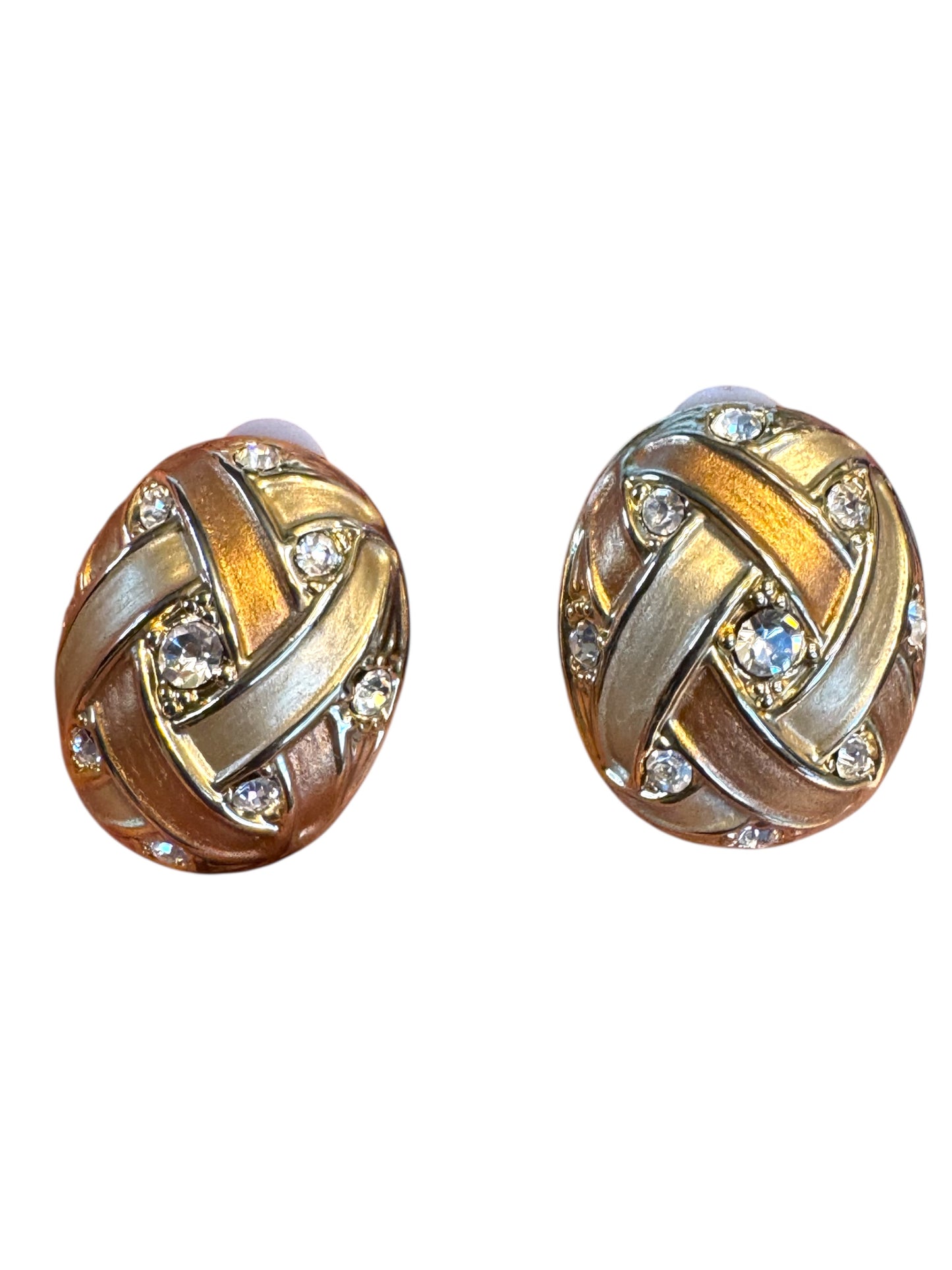 Vintage 1990s Carucci Brushed Gold & Rose Gold Oval Clip-On Earrings with Rhinestones