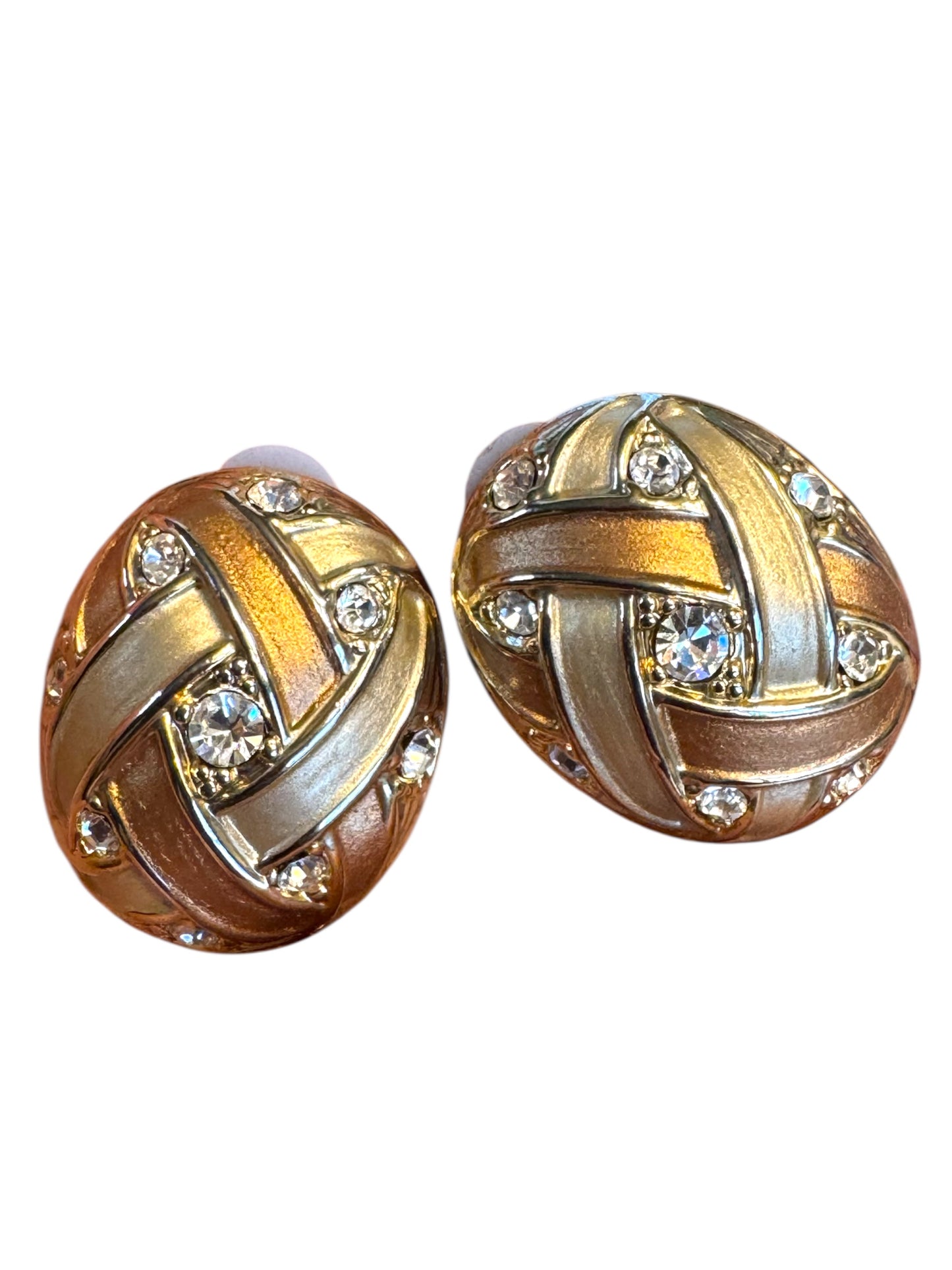 Vintage 1990s Carucci Brushed Gold & Rose Gold Oval Clip-On Earrings with Rhinestones