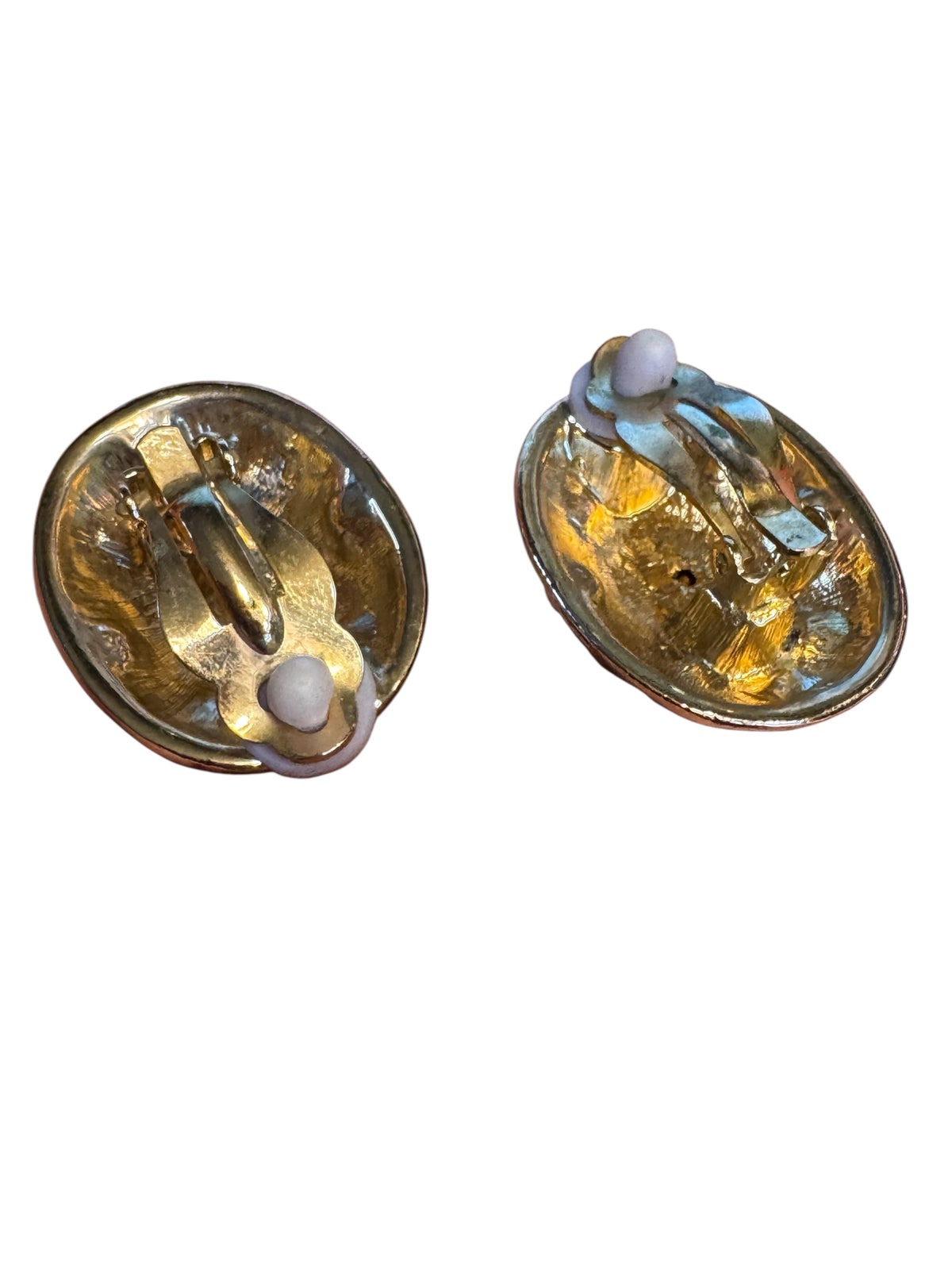 1990s Carucci Brushed Gold & Rose Gold Oval Clip-On Earrings with Rhinestones