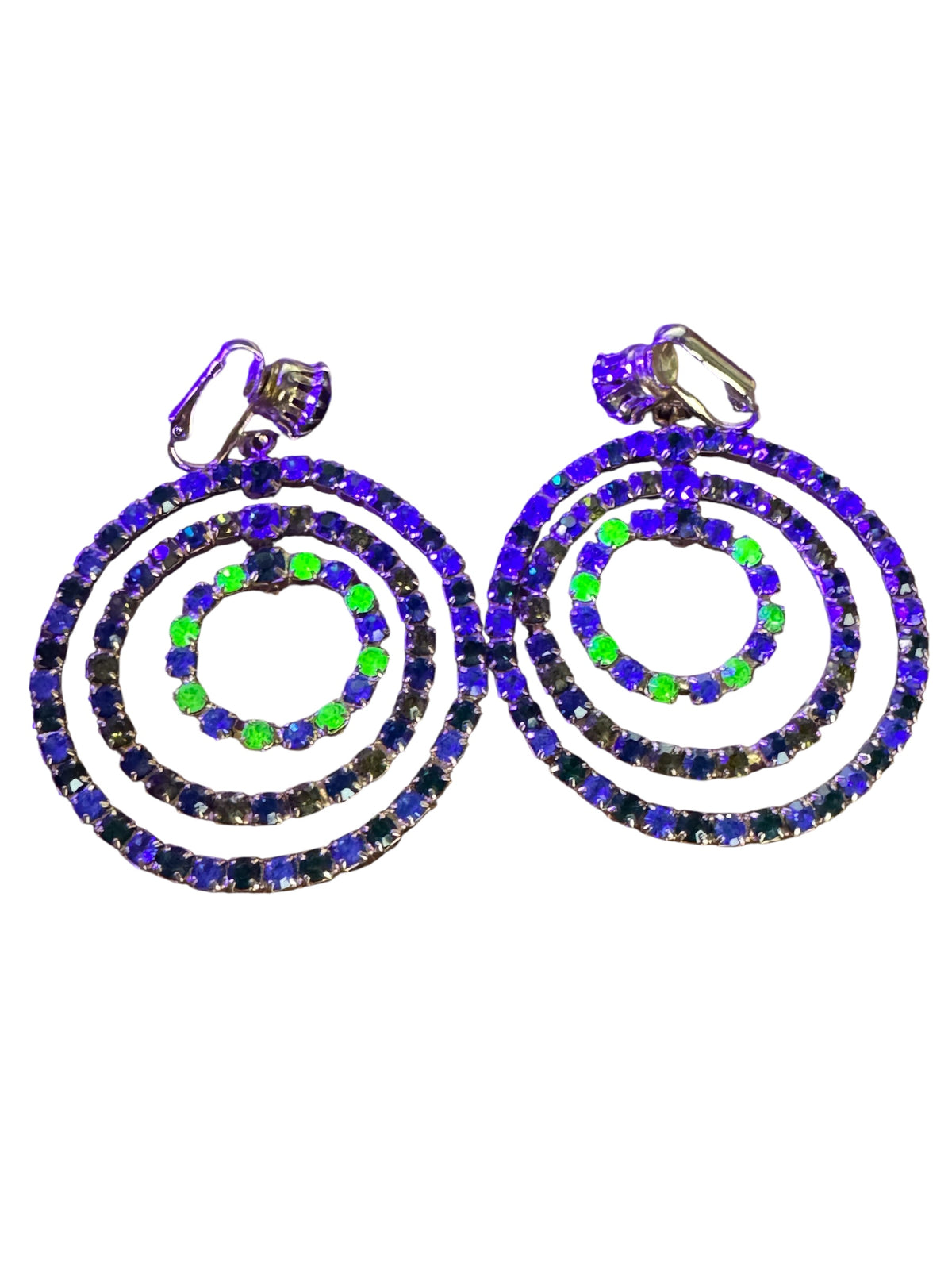 Vintage 1960s–1970s Green & Blue Rhinestone Spiral Clip-On Earrings | Atomic Age Statement Hoops