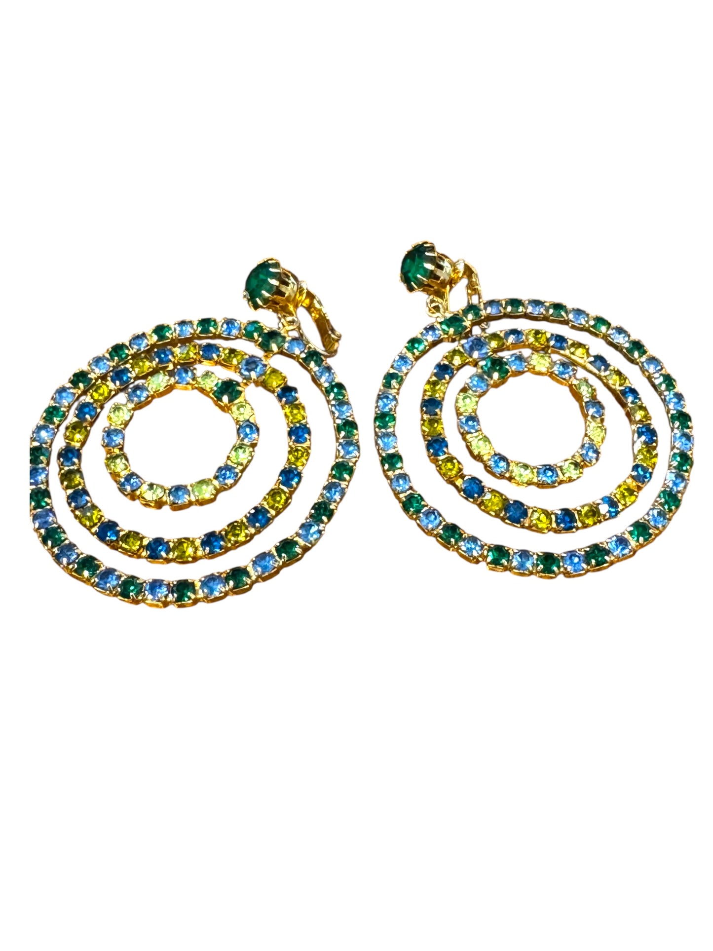 Vintage Green & Blue Rhinestone Dangle Clip-On Earrings – Uranium Glass & Emerald Sparkle