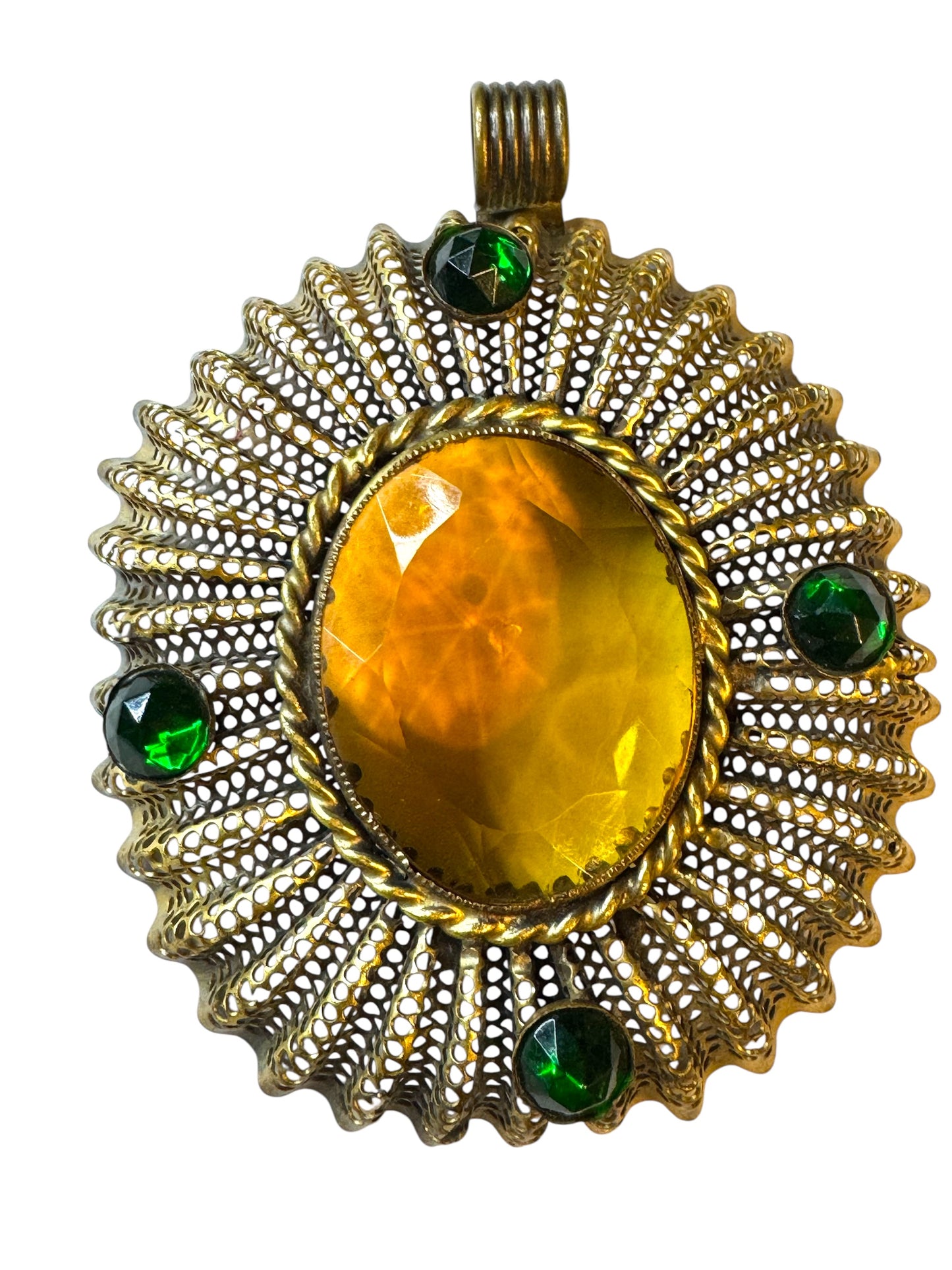 Vintage Dean Meltzer Statement Pendant – Large Openwork Design with Amber & Emerald Glass Stones